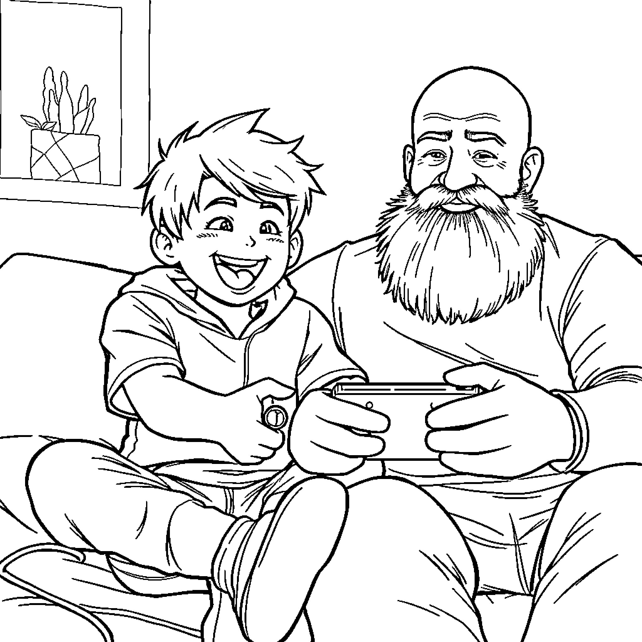 Kid playing video games with bearded man Coloring Page (free black-and-white line drawing printable PDF for all, from beginners to advanced learners, including children, teens, adults, and seniors)
