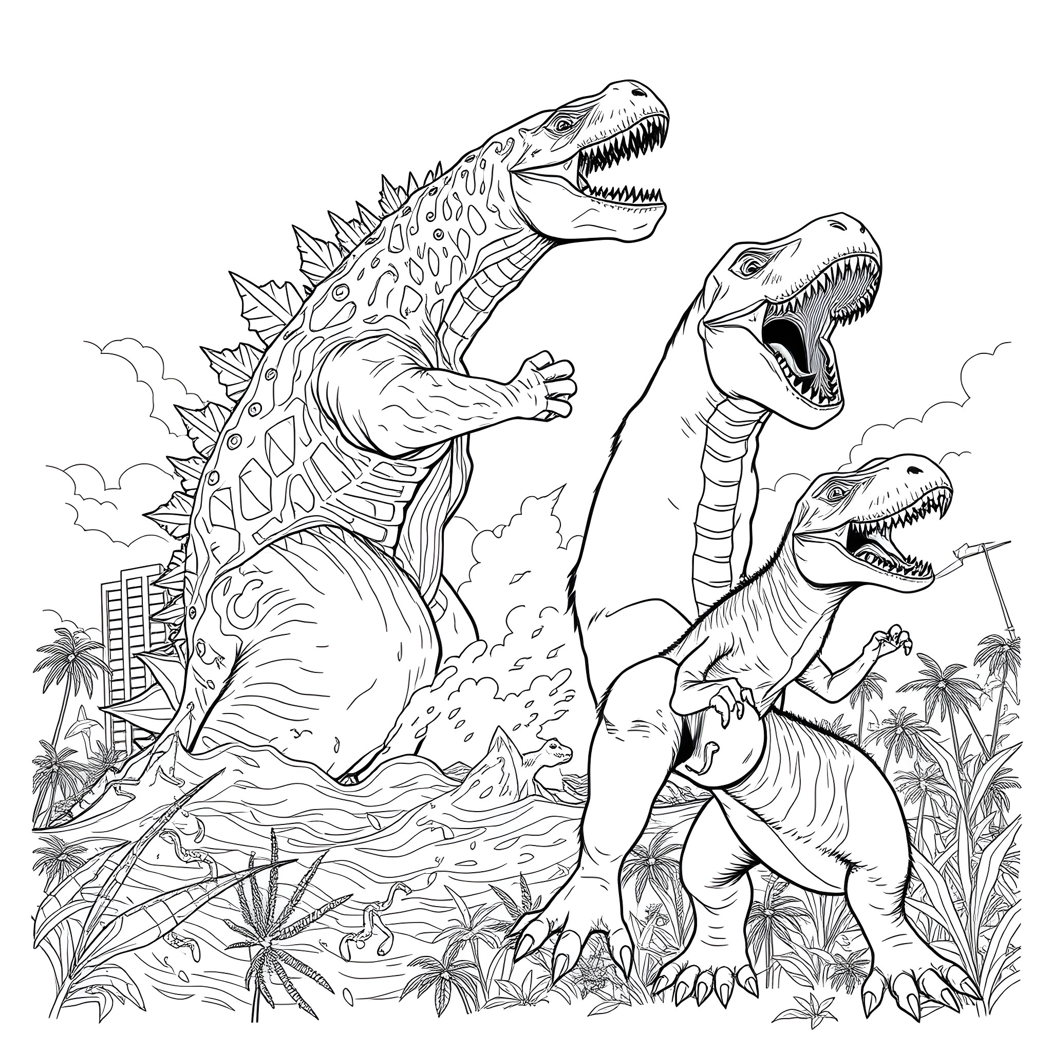 Monster Dinosaurs Engaged in Fierce Battle Coloring Page (free black-and-white line drawing printable PDF for all, from beginners to advanced learners, including children, teens, adults, and seniors)