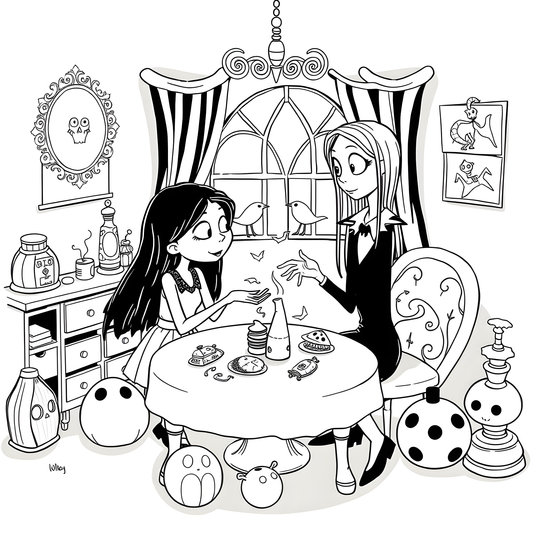 Coraline and Her Peculiar Friends at the Dining Table Coloring Page (free black-and-white line drawing printable PDF for all, from beginners to advanced learners, including children, teens, adults, and seniors)