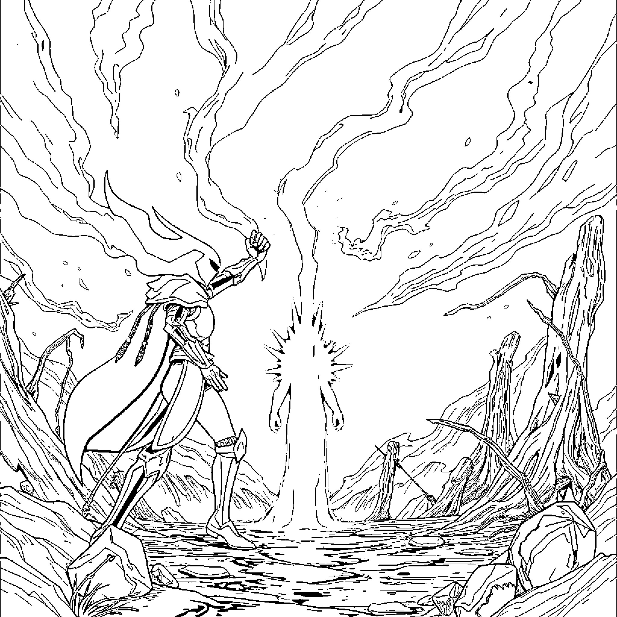 Hollow Knight Traversing a Fantastical Landscape Coloring Page (free black-and-white line drawing printable PDF for all, from beginners to advanced learners, including children, teens, adults, and seniors)