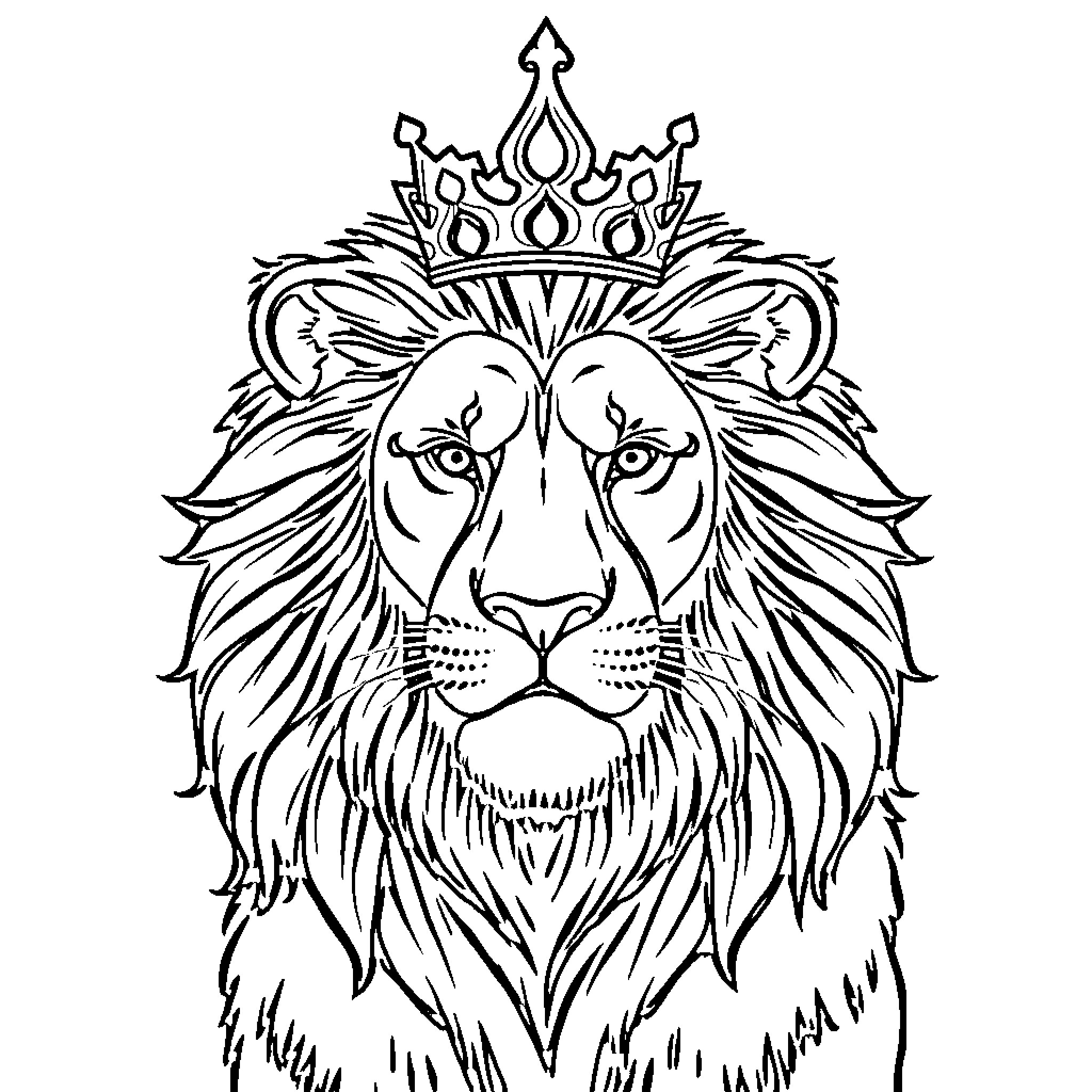 Lion with Crown in Regal Pose Coloring Page (free black-and-white line drawing printable PDF for all, from beginners to advanced learners, including children, teens, adults, and seniors)