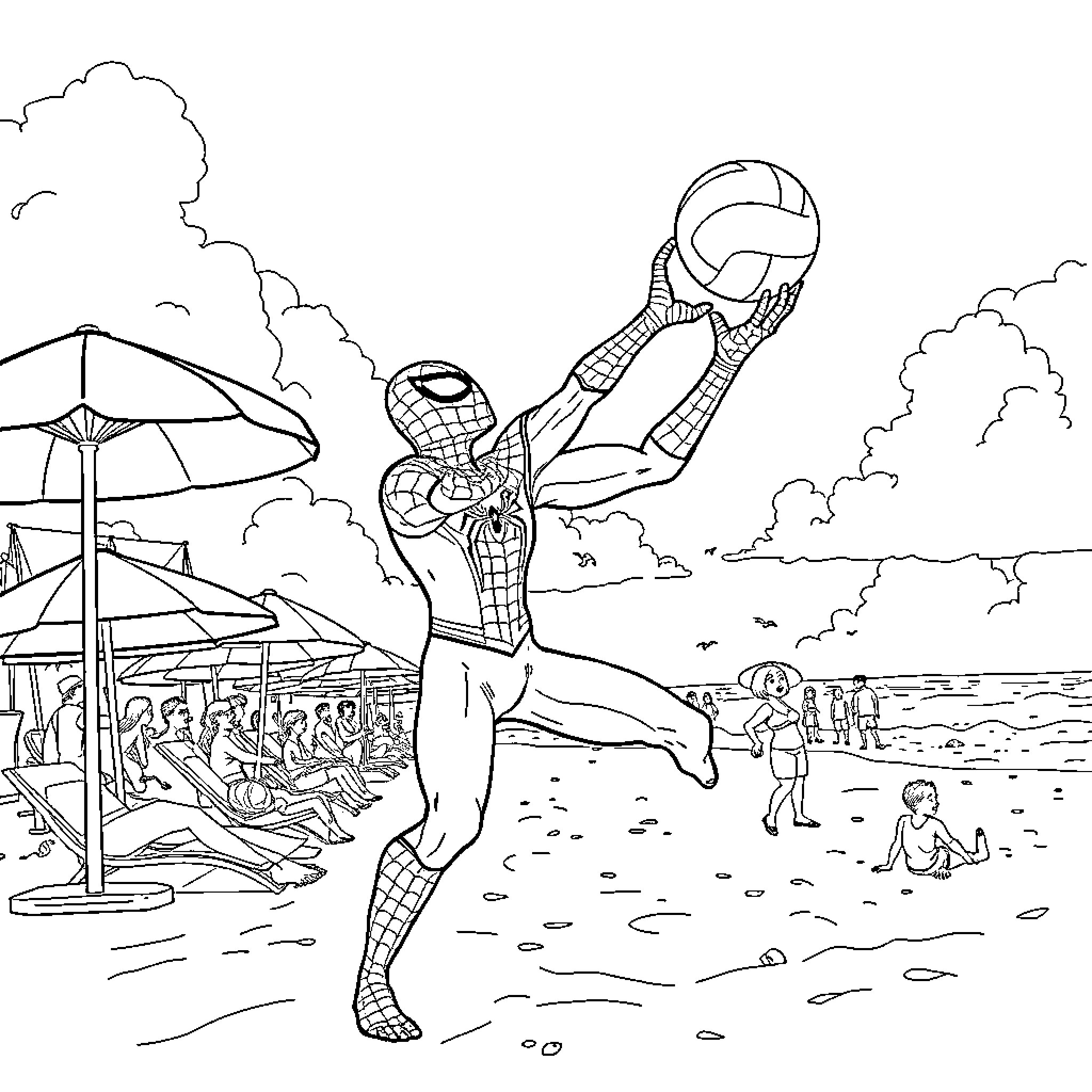 Spiderman saves the day at the beach Coloring Page (free black-and-white line drawing printable PDF for all, from beginners to advanced learners, including children, teens, adults, and seniors)