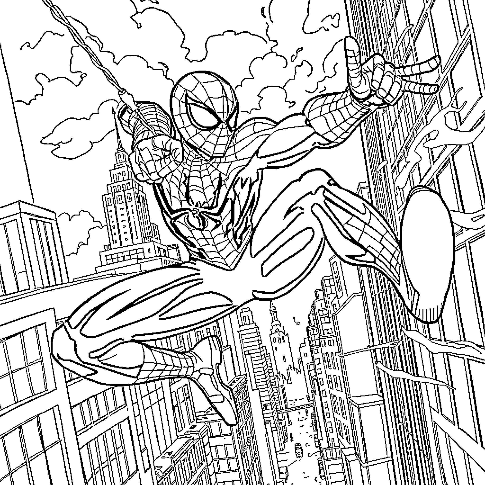 Spider-Man swinging through the city skyline Coloring Page (free black-and-white line drawing printable PDF for all, from beginners to advanced learners, including children, teens, adults, and seniors)