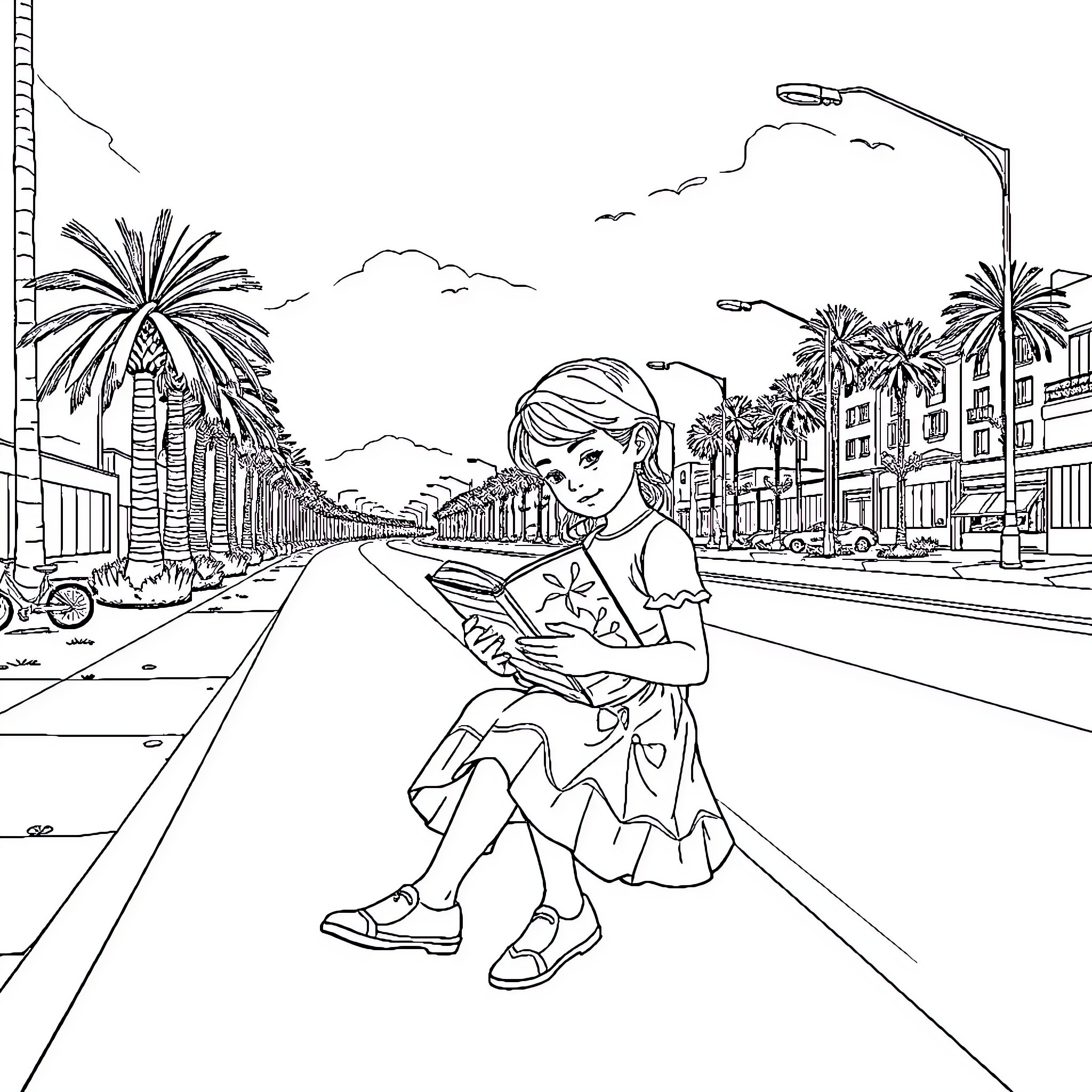 Fille reading book on city street Coloring Page (free black-and-white line drawing printable PDF for all, from beginners to advanced learners, including children, teens, adults, and seniors)