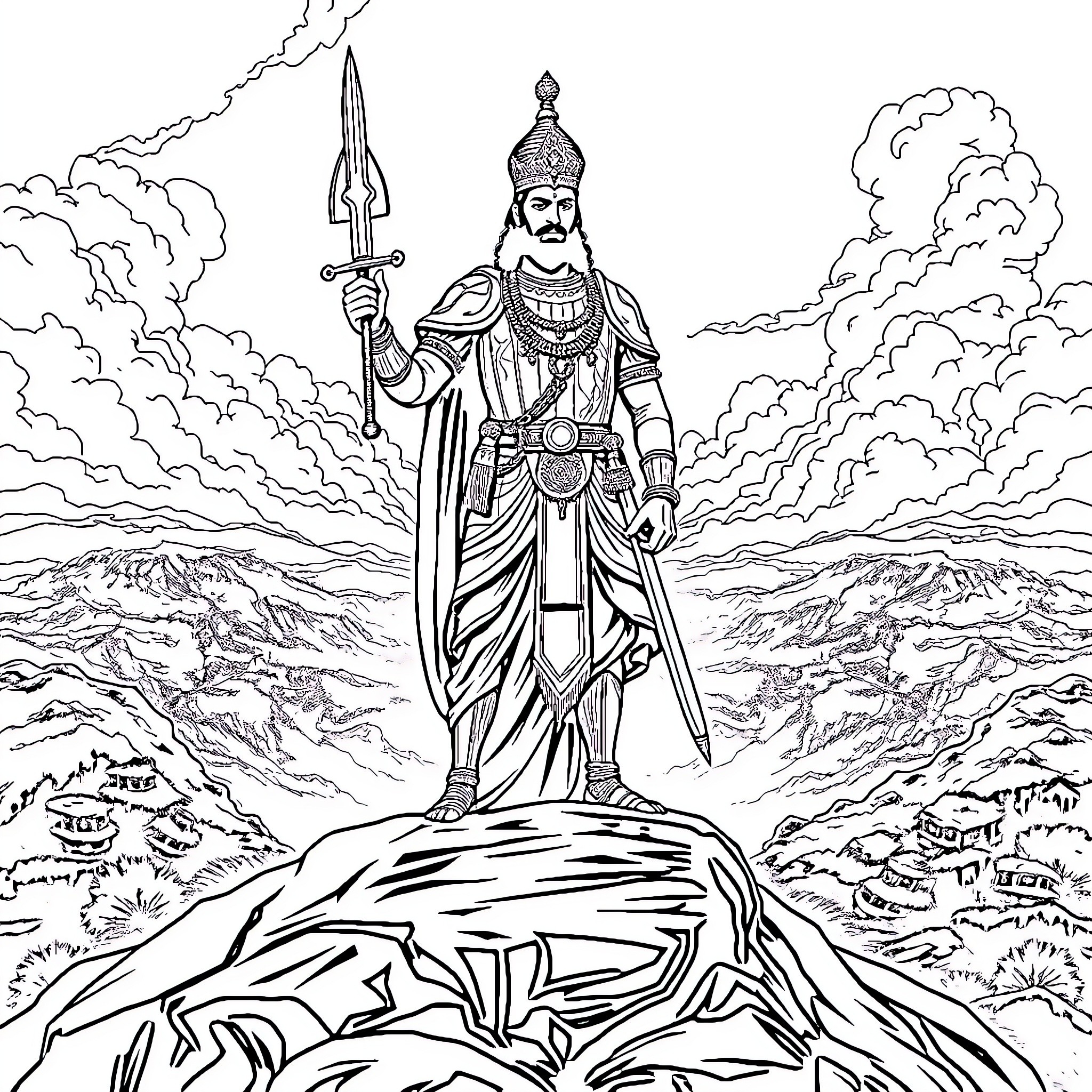 Chhatrapati Shivaji Maharaj standing tall with sword and shield Coloring Page (free black-and-white line drawing printable PDF for all, from beginners to advanced learners, including children, teens, adults, and seniors)