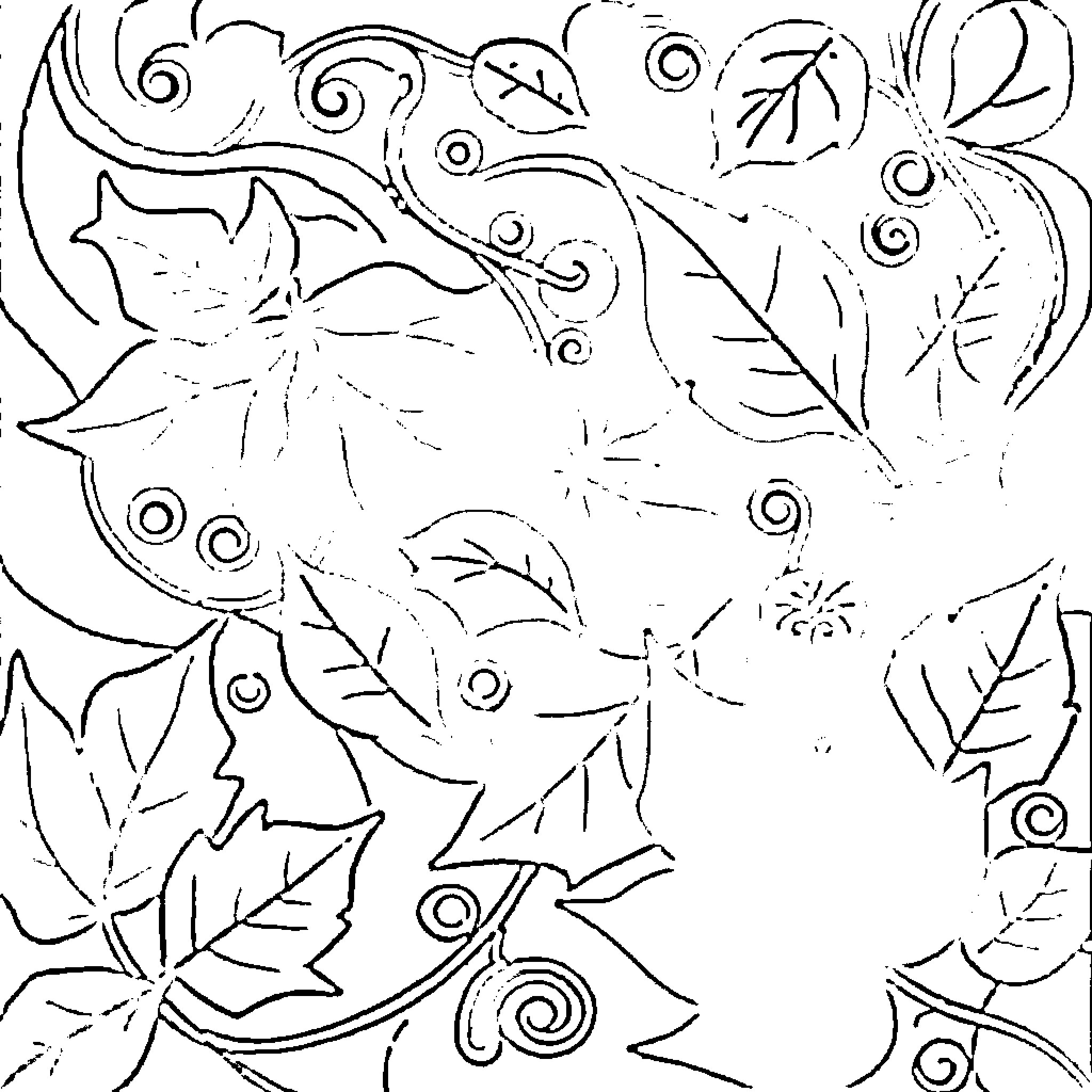Leaf Patterns and Shapes in Abstract Design Coloring Page (free black-and-white line drawing printable PDF for all, from beginners to advanced learners, including children, teens, adults, and seniors)