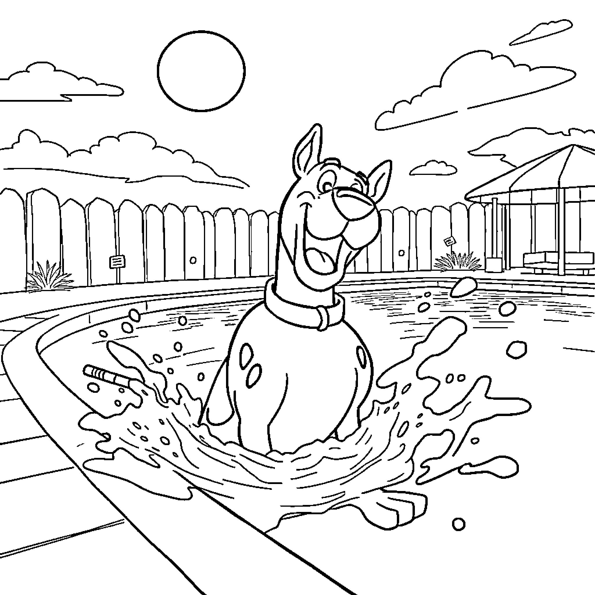 Scooby Doo cooling off in a pool on a sunny day Coloring Page (free black-and-white line drawing printable PDF for all, from beginners to advanced learners, including children, teens, adults, and seniors)