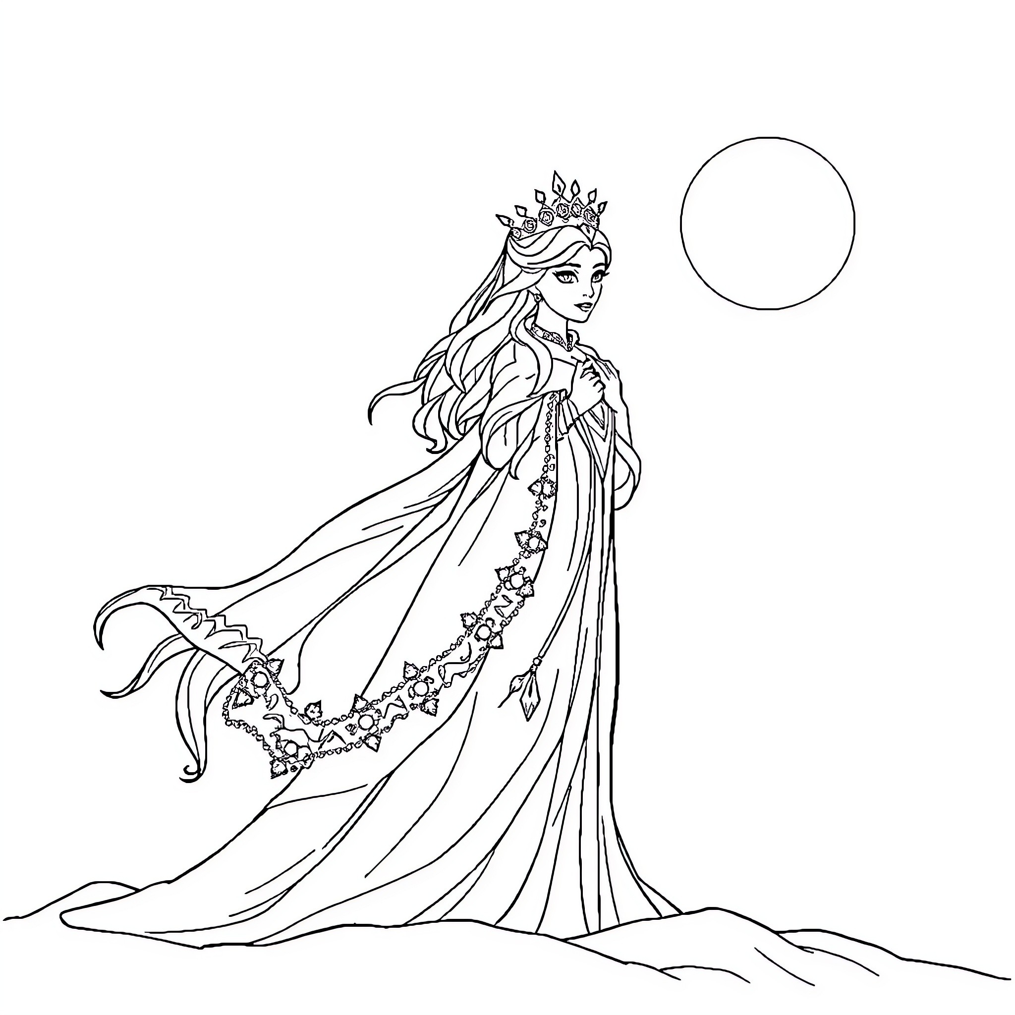 Queen in Regal Attire and Flowing Gown Coloring Page (free black-and-white line drawing printable PDF for all, from beginners to advanced learners, including children, teens, adults, and seniors)