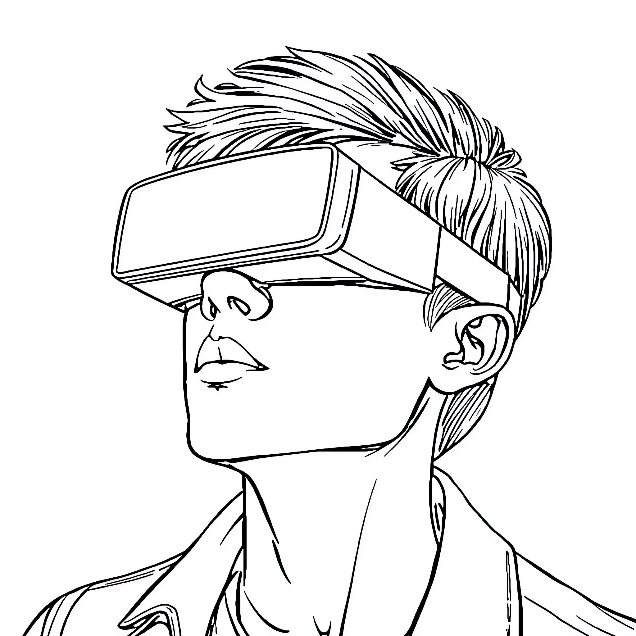 Person wearing virtual reality headset Coloring Page (free black-and-white line drawing printable PDF for all, from beginners to advanced learners, including children, teens, adults, and seniors)