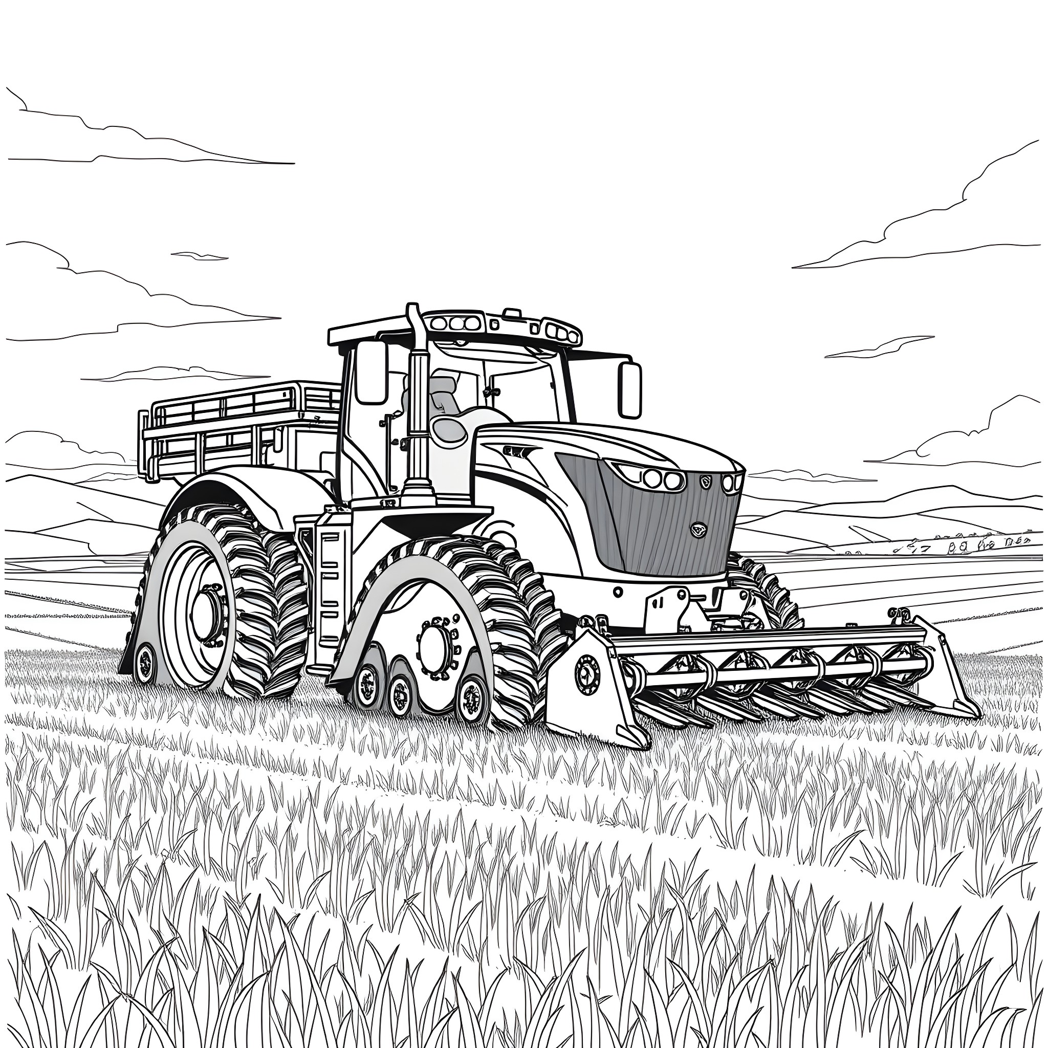 Tractor plowing through a grassy field Coloring Page (free black-and-white line drawing printable PDF for all, from beginners to advanced learners, including children, teens, adults, and seniors)