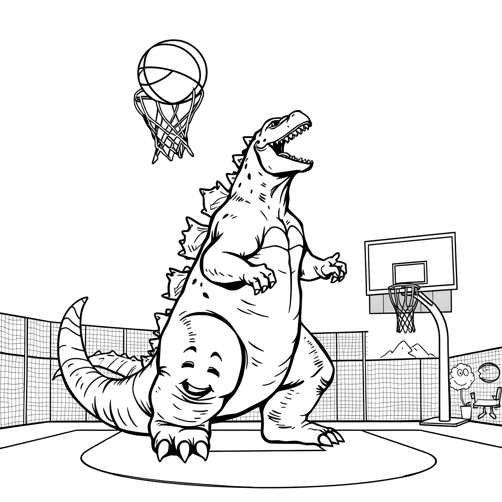 Godzilla's Playful Dunking on the Basketball Court Coloring Page (free black-and-white line drawing printable PDF for all, from beginners to advanced learners, including children, teens, adults, and seniors)