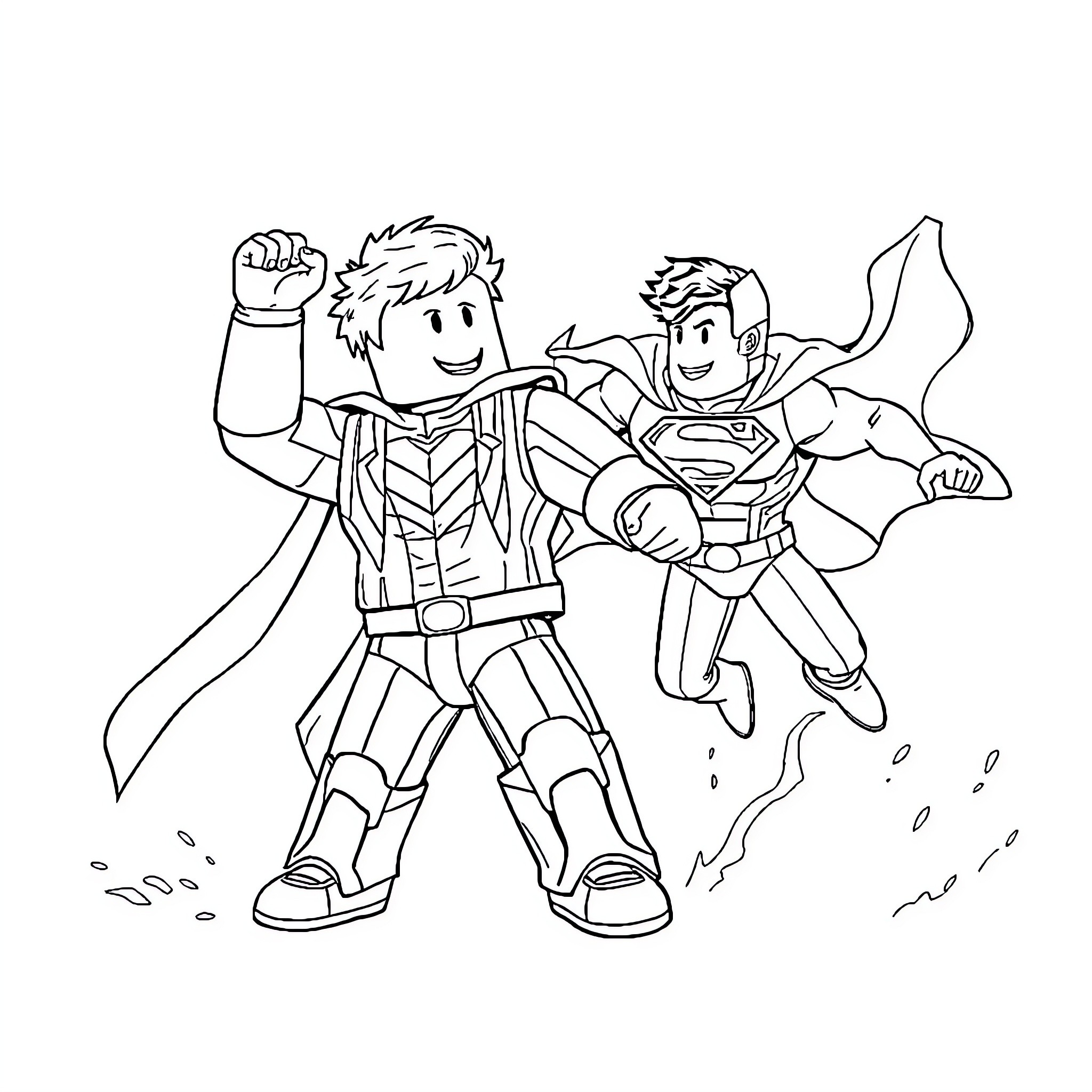 Superman and Superhero Friend in Action Coloring Page (free black-and-white line drawing printable PDF for all, from beginners to advanced learners, including children, teens, adults, and seniors)