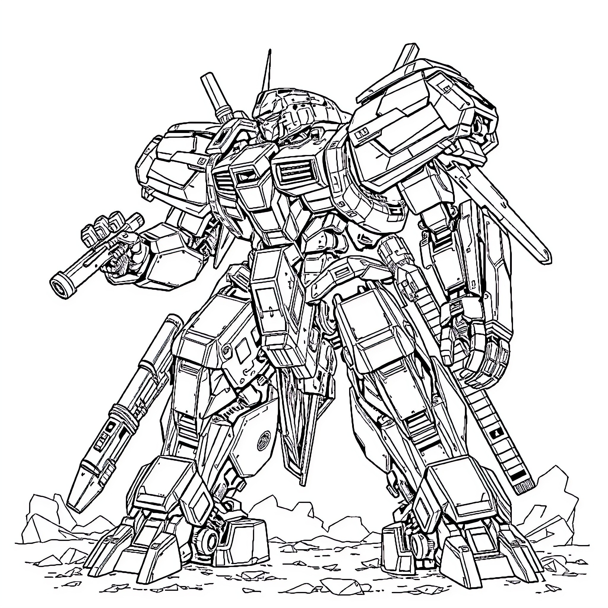 Mecha Warrior in Battle Stance on Rugged Terrain Coloring Page (free black-and-white line drawing printable PDF for all, from beginners to advanced learners, including children, teens, adults, and seniors)