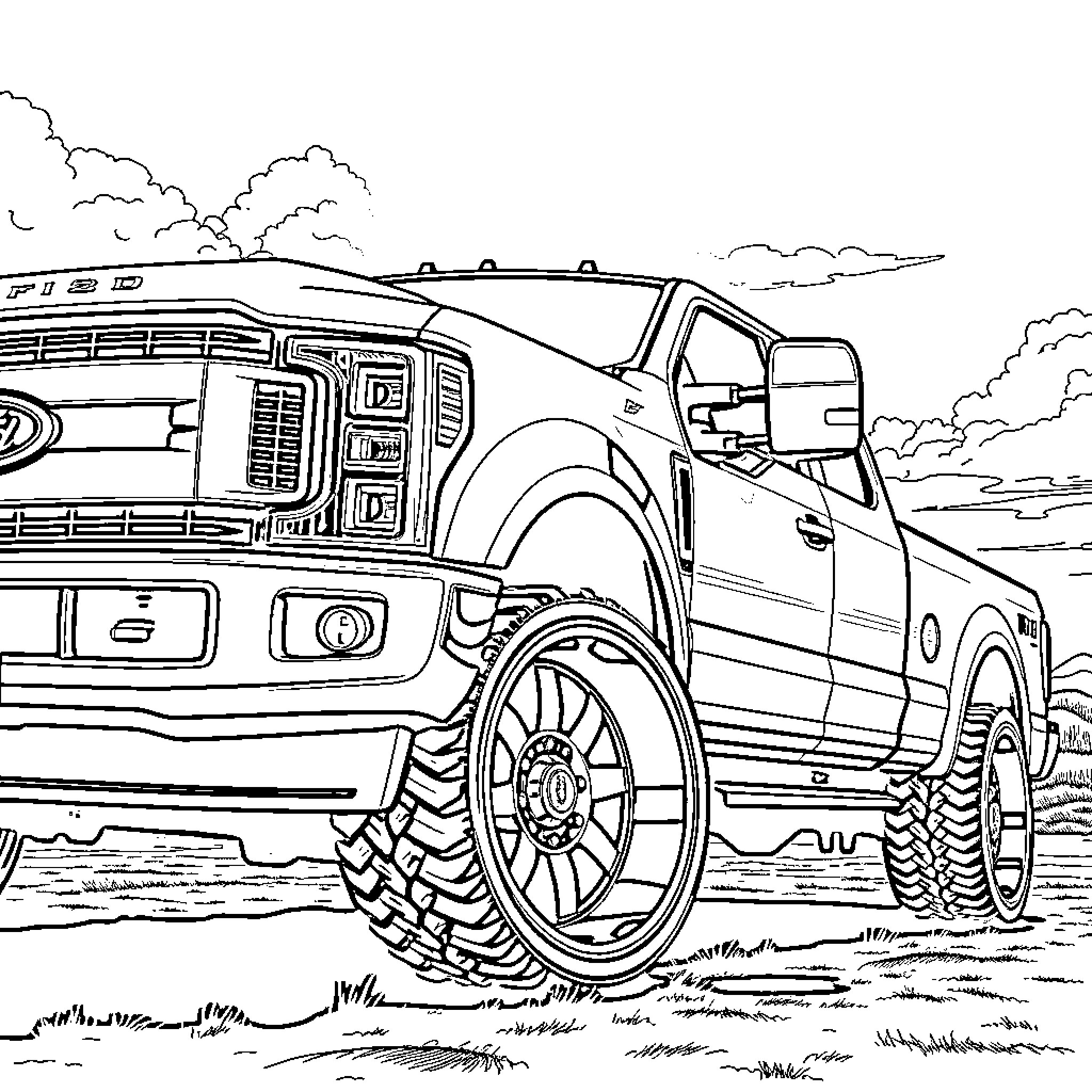 Ford F-250 Pickup Truck Outdoors in Rugged Terrain Coloring Page (free black-and-white line drawing printable PDF for all, from beginners to advanced learners, including children, teens, adults, and seniors)