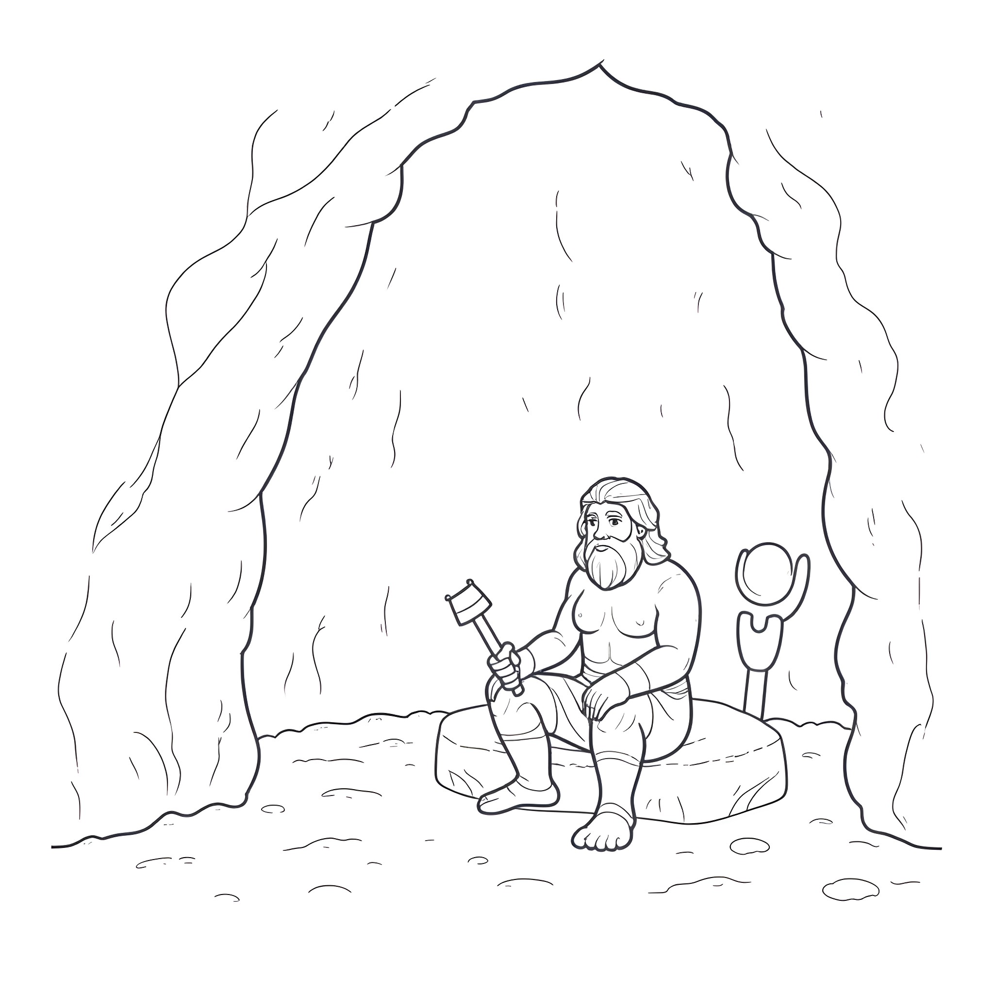 Caveman using primitive tools in a rocky cave Coloring Page (free black-and-white line drawing printable PDF for all, from beginners to advanced learners, including children, teens, adults, and seniors)