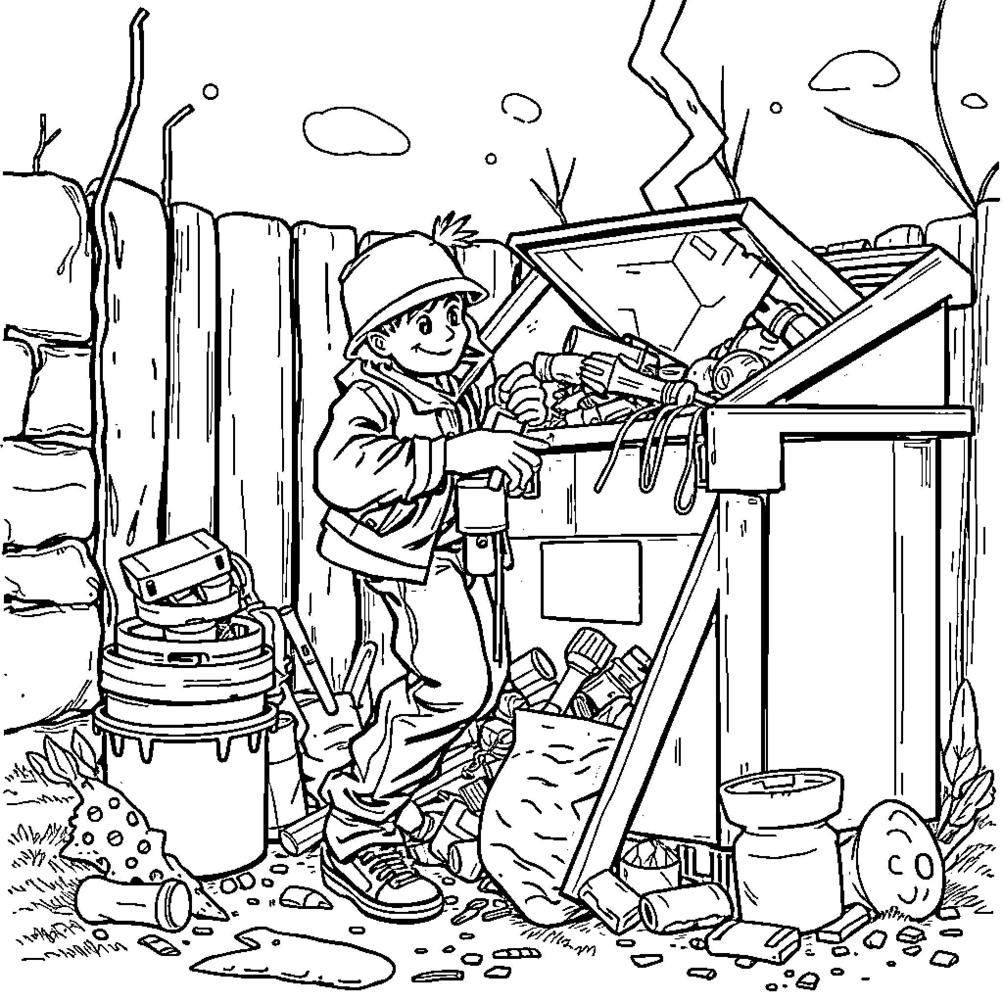 Tweaker clearing out a cluttered shed Coloring Page (free black-and-white line drawing printable PDF for all, from beginners to advanced learners, including children, teens, adults, and seniors)