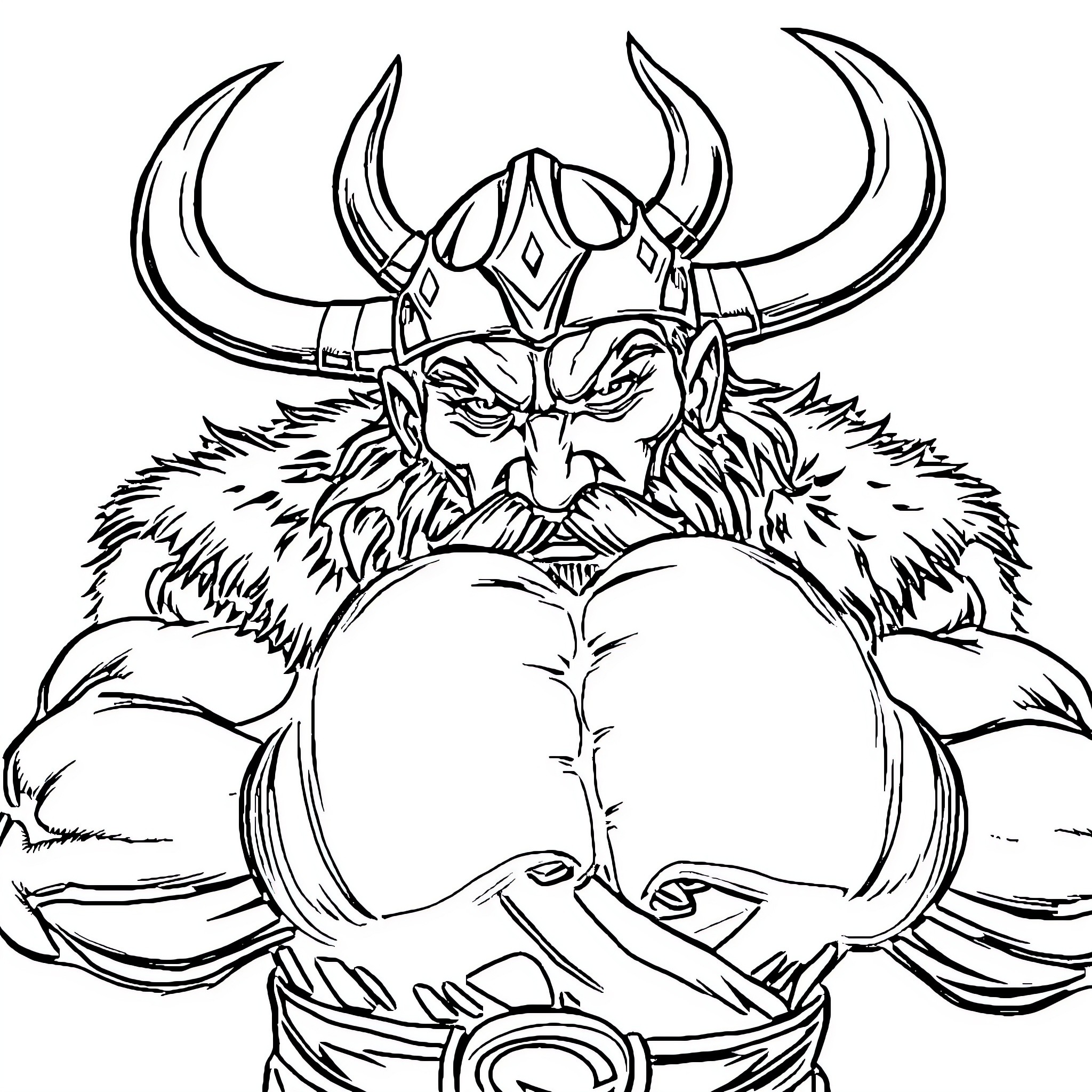 Viking warrior wielding battle axe in fierce pose Coloring Page (free black-and-white line drawing printable PDF for all, from beginners to advanced learners, including children, teens, adults, and seniors)