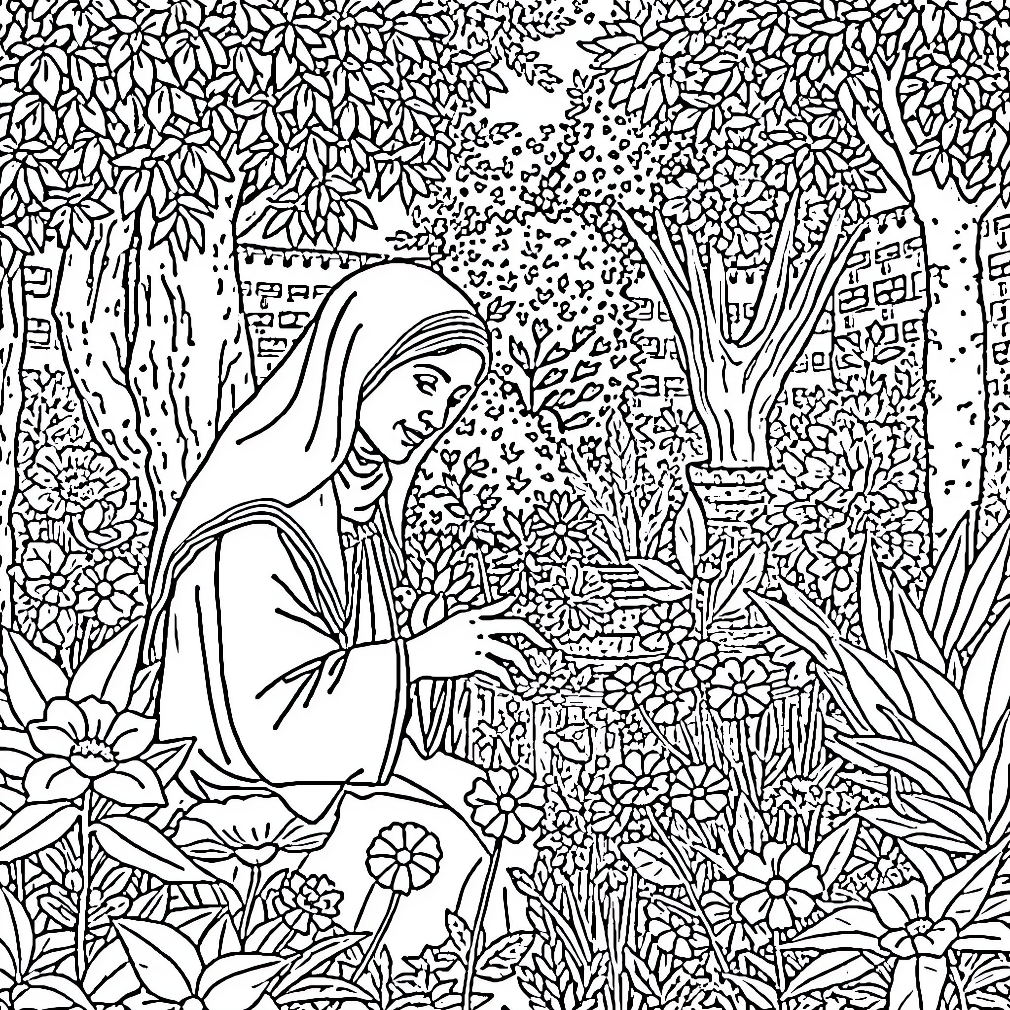 Madre Teresa caring for the sick in a lush garden Coloring Page (free black-and-white line drawing printable PDF for all, from beginners to advanced learners, including children, teens, adults, and seniors)