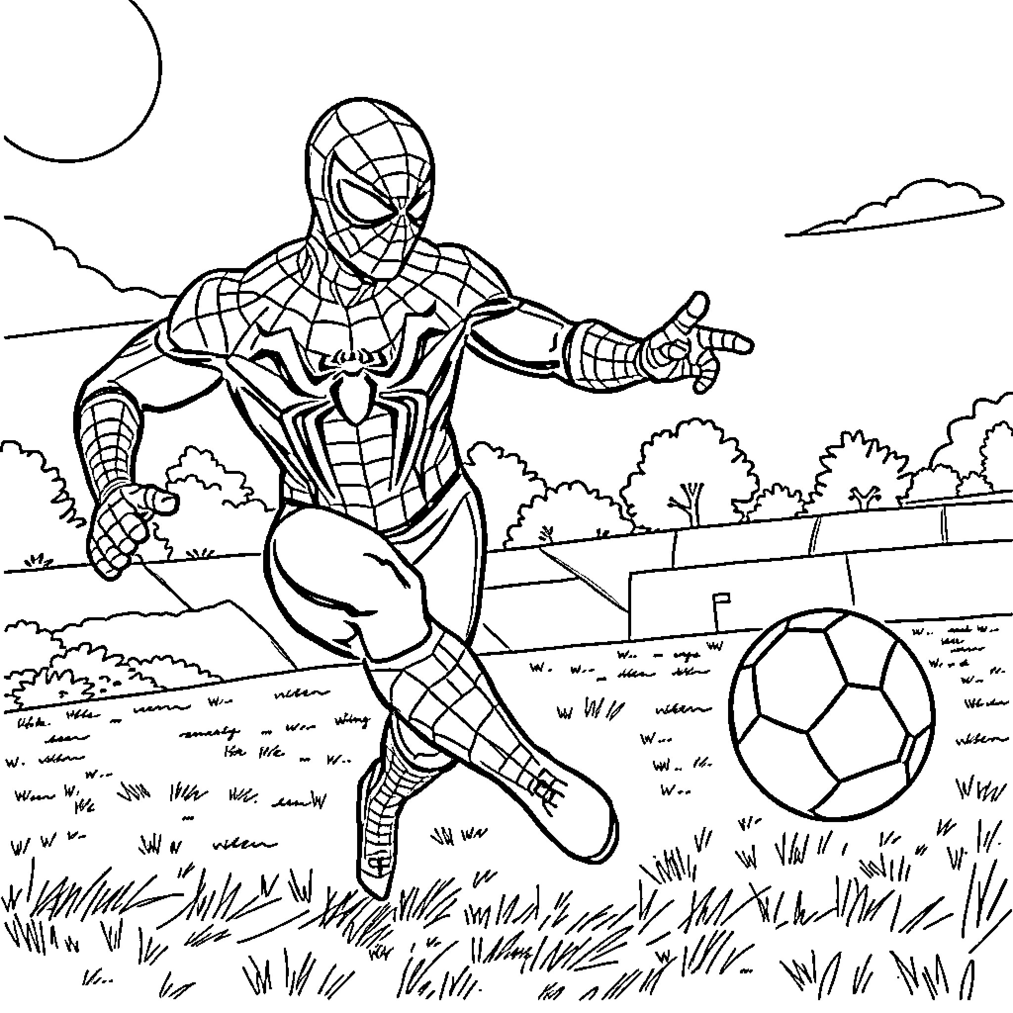 Spiderman playing soccer in the park Coloring Page (free black-and-white line drawing printable PDF for all, from beginners to advanced learners, including children, teens, adults, and seniors)