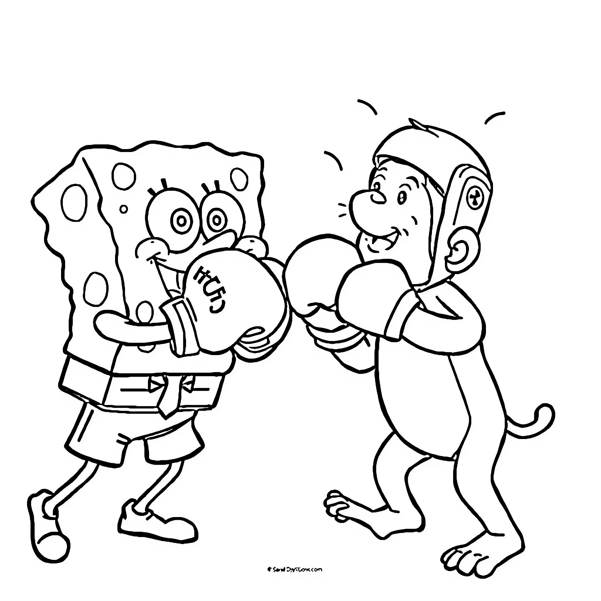 Spongebob and Patrick in a playful exchange Coloring Page (free black-and-white line drawing printable PDF for all, from beginners to advanced learners, including children, teens, adults, and seniors)