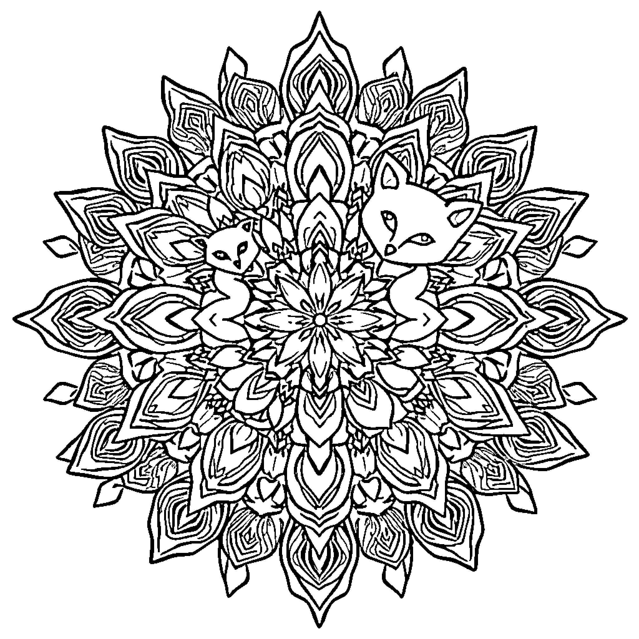 Fox Cats playing in Intricate Floral Mandala Coloring Page (free black-and-white line drawing printable PDF for all, from beginners to advanced learners, including children, teens, adults, and seniors)