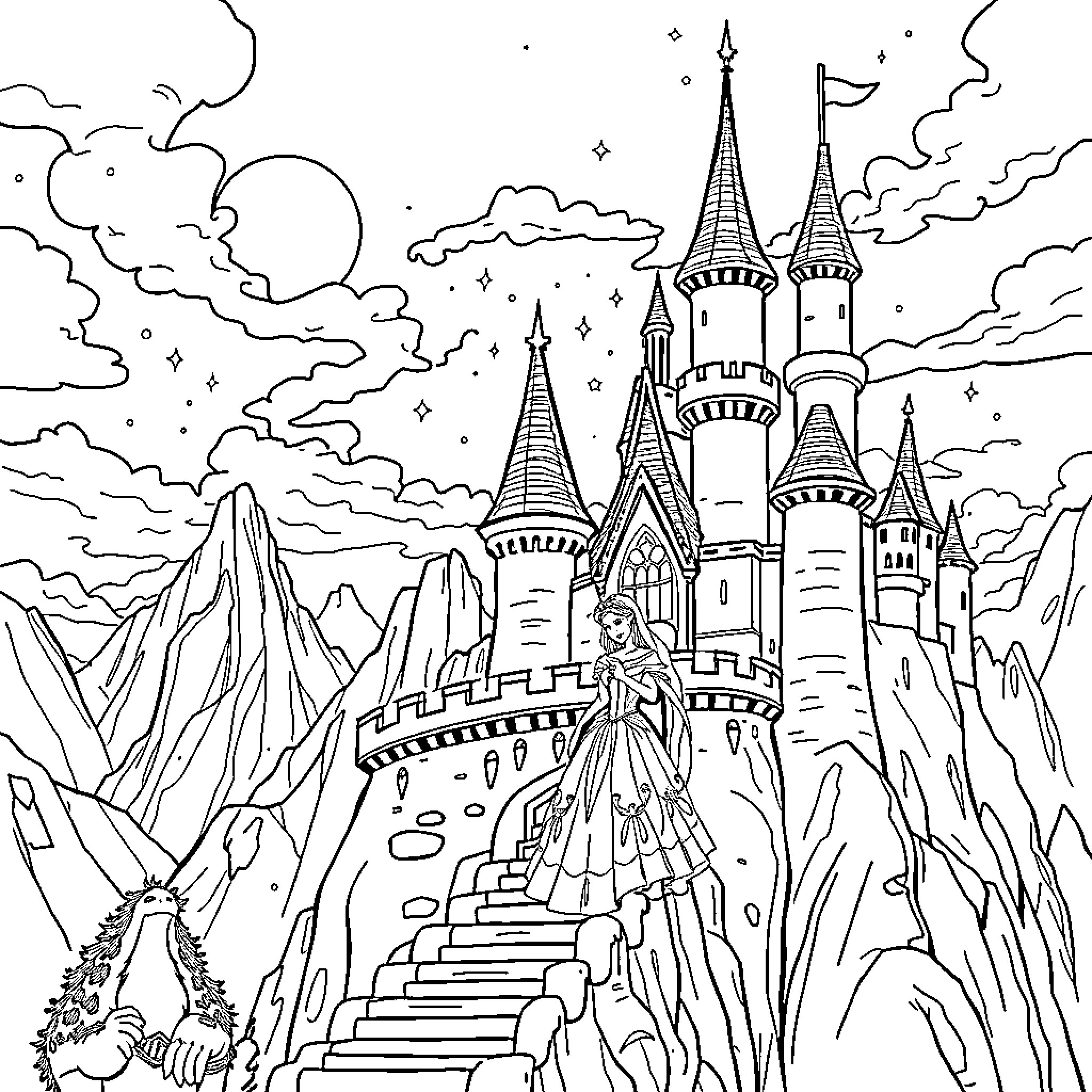 Princess in a Fantasy Castle Kingdom Coloring Page (free black-and-white line drawing printable PDF for all, from beginners to advanced learners, including children, teens, adults, and seniors)