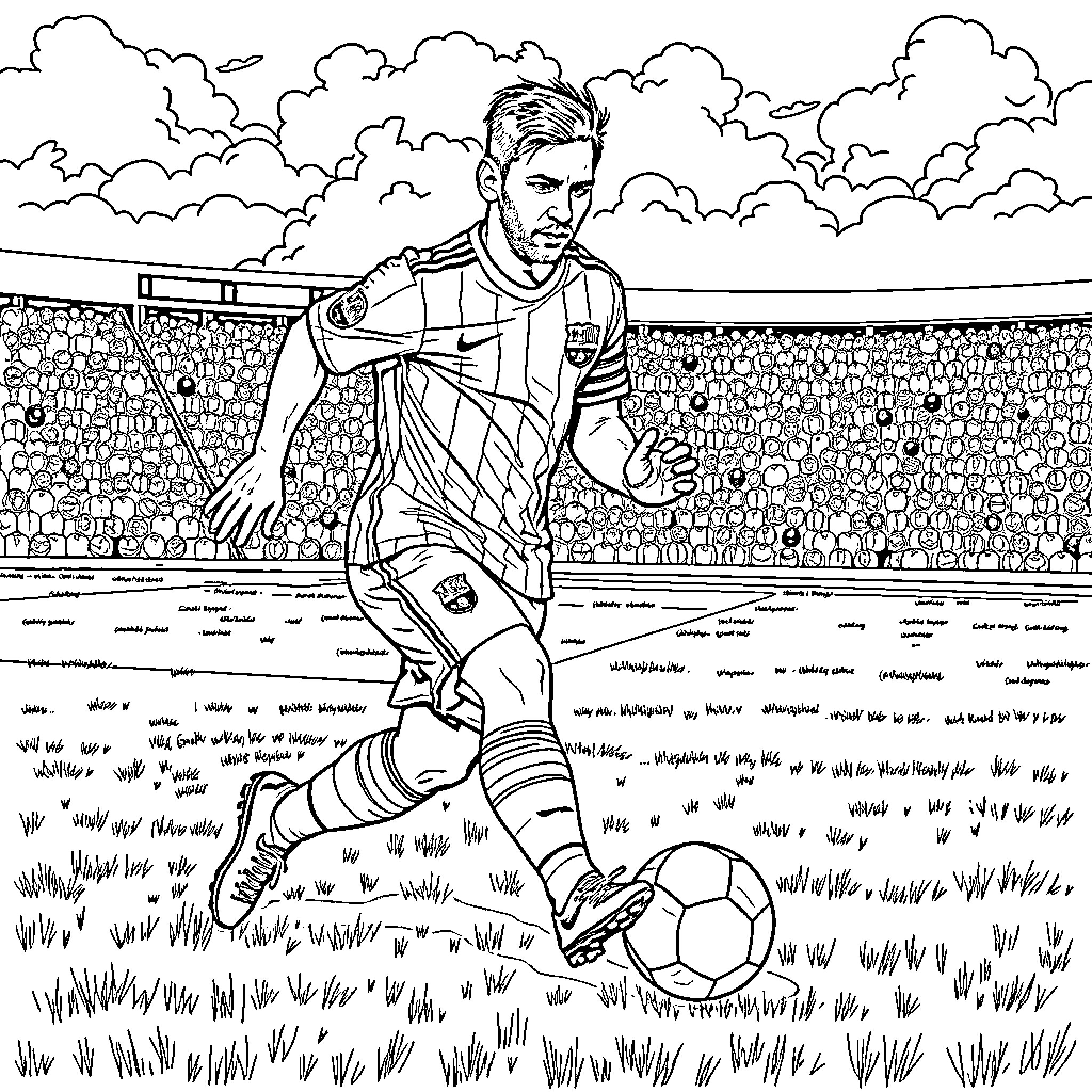 Messi's Iconic Soccer Moment on the Field Coloring Page (free black-and-white line drawing printable PDF for all, from beginners to advanced learners, including children, teens, adults, and seniors)