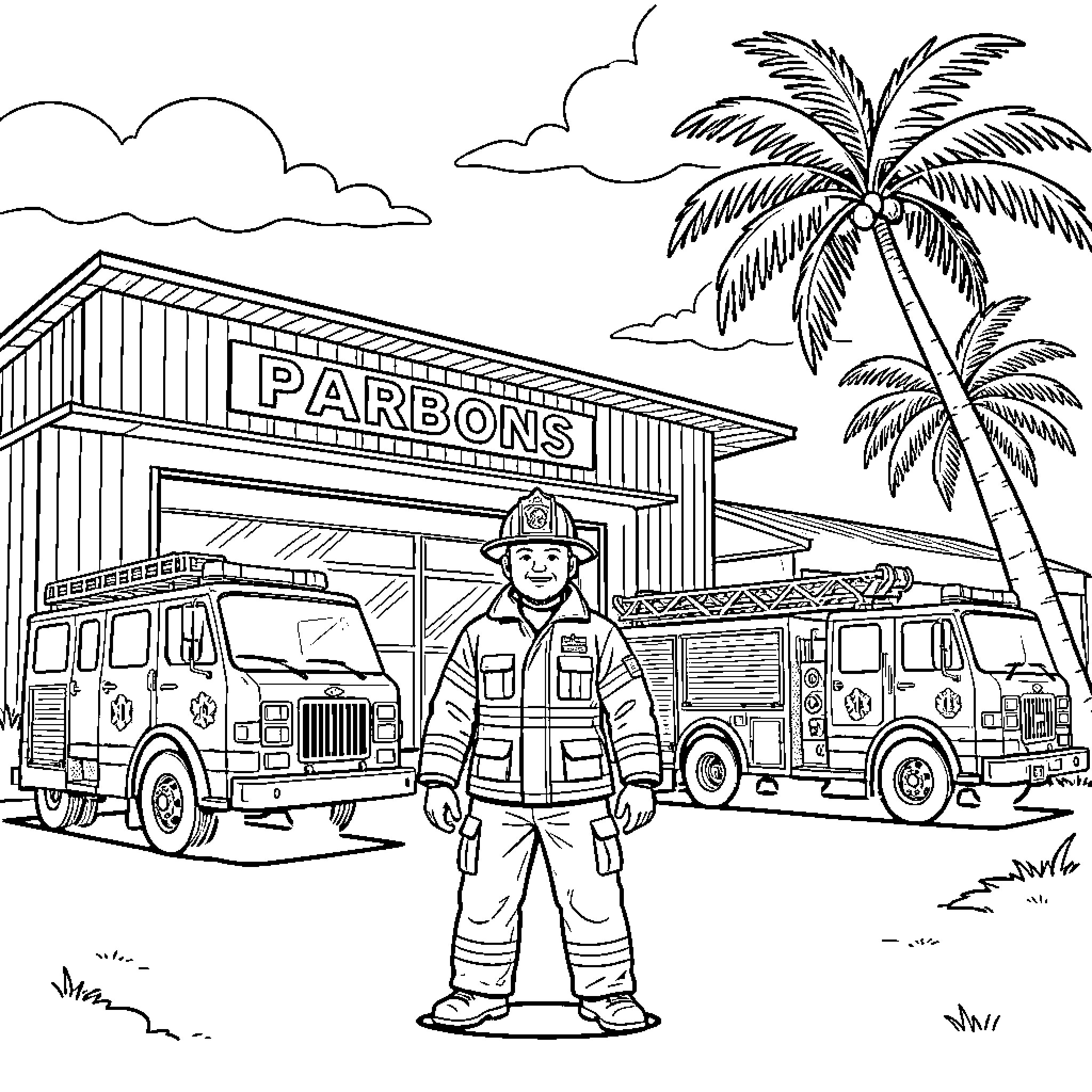 Firefighter responding to emergency at tropical location Coloring Page (free black-and-white line drawing printable PDF for all, from beginners to advanced learners, including children, teens, adults, and seniors)