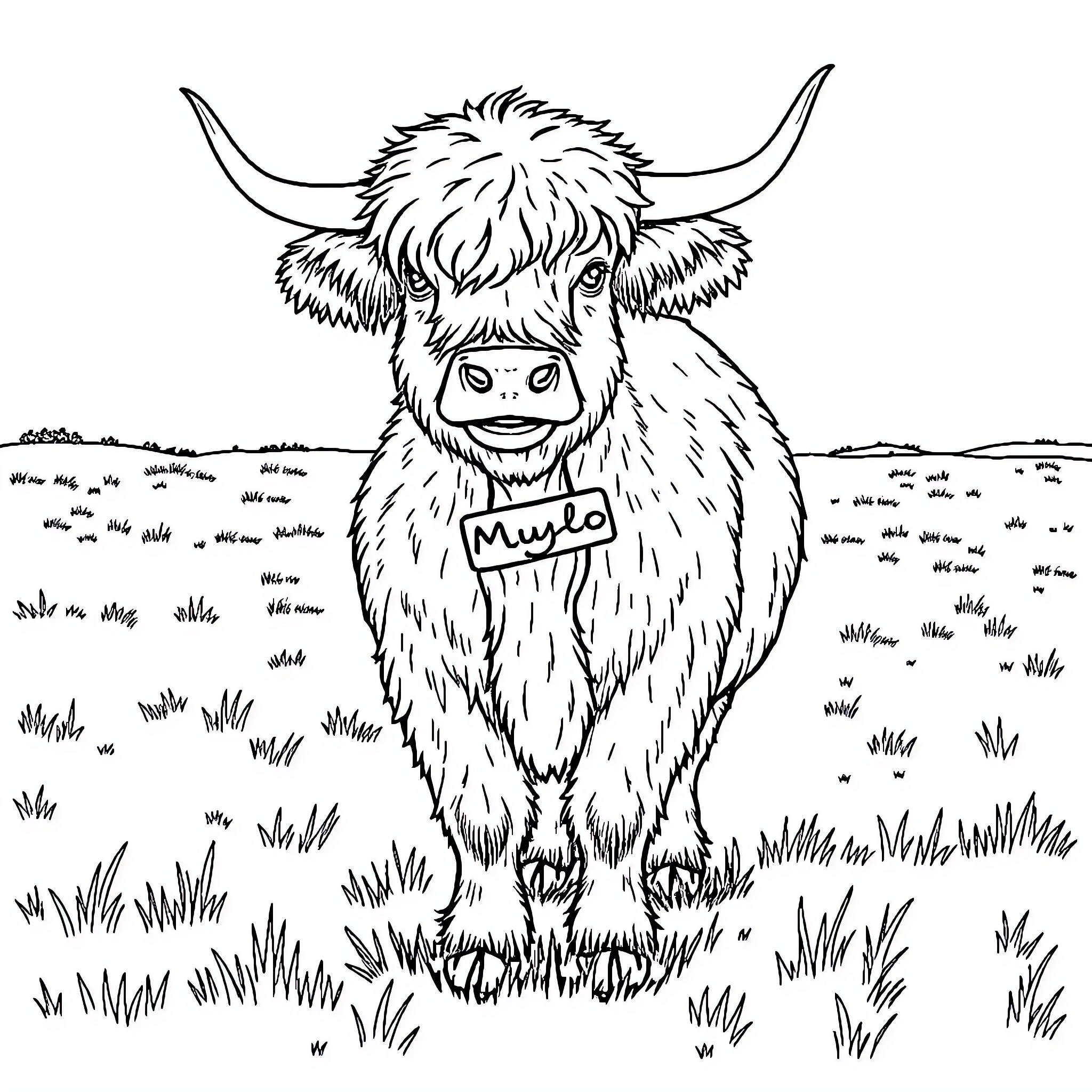 Highland Cow Holding a Sign in a Grassy Field Coloring Page (free black-and-white line drawing printable PDF for all, from beginners to advanced learners, including children, teens, adults, and seniors)