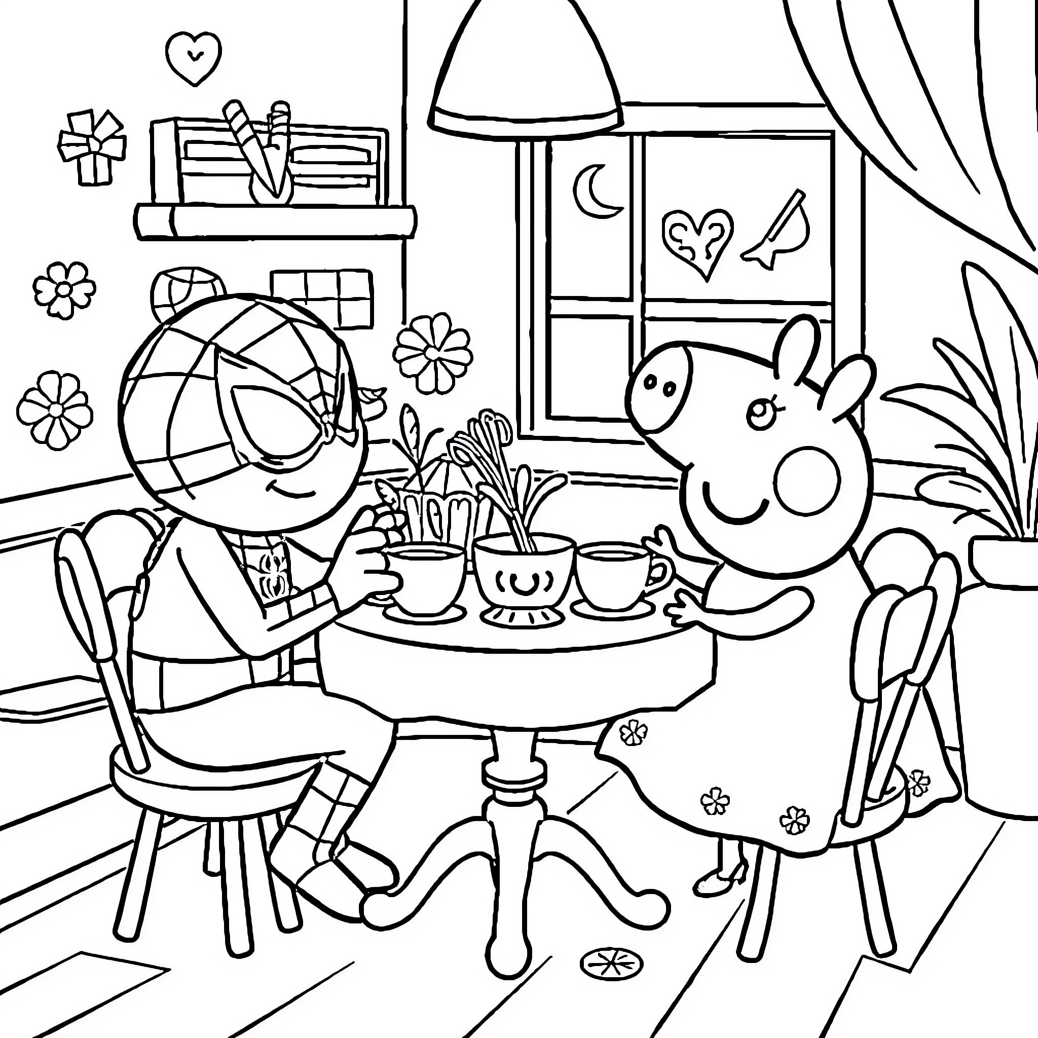 Tea Party with Whimsical Characters and Decorations Coloring Page (free black-and-white line drawing printable PDF for all, from beginners to advanced learners, including children, teens, adults, and seniors)