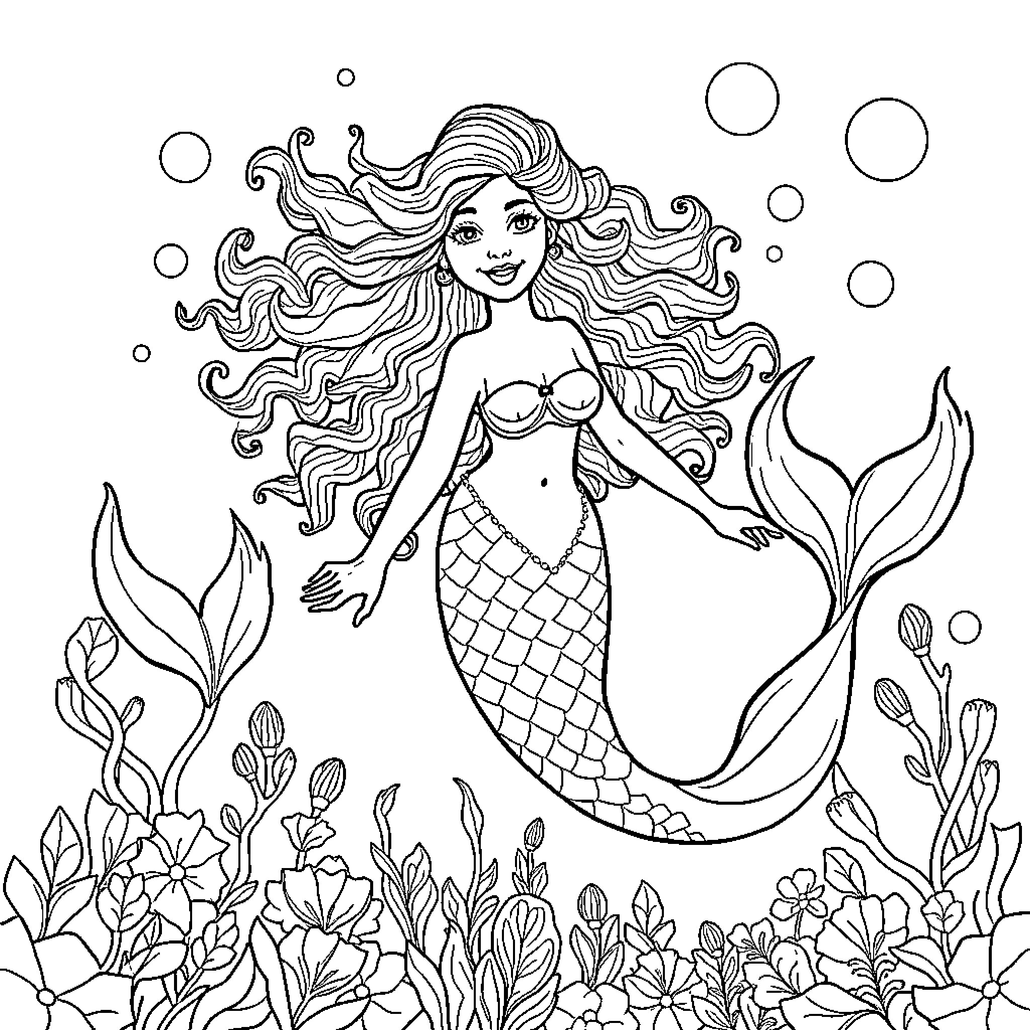 Mermaid swimming gracefully in an underwater garden Coloring Page (free black-and-white line drawing printable PDF for all, from beginners to advanced learners, including children, teens, adults, and seniors)