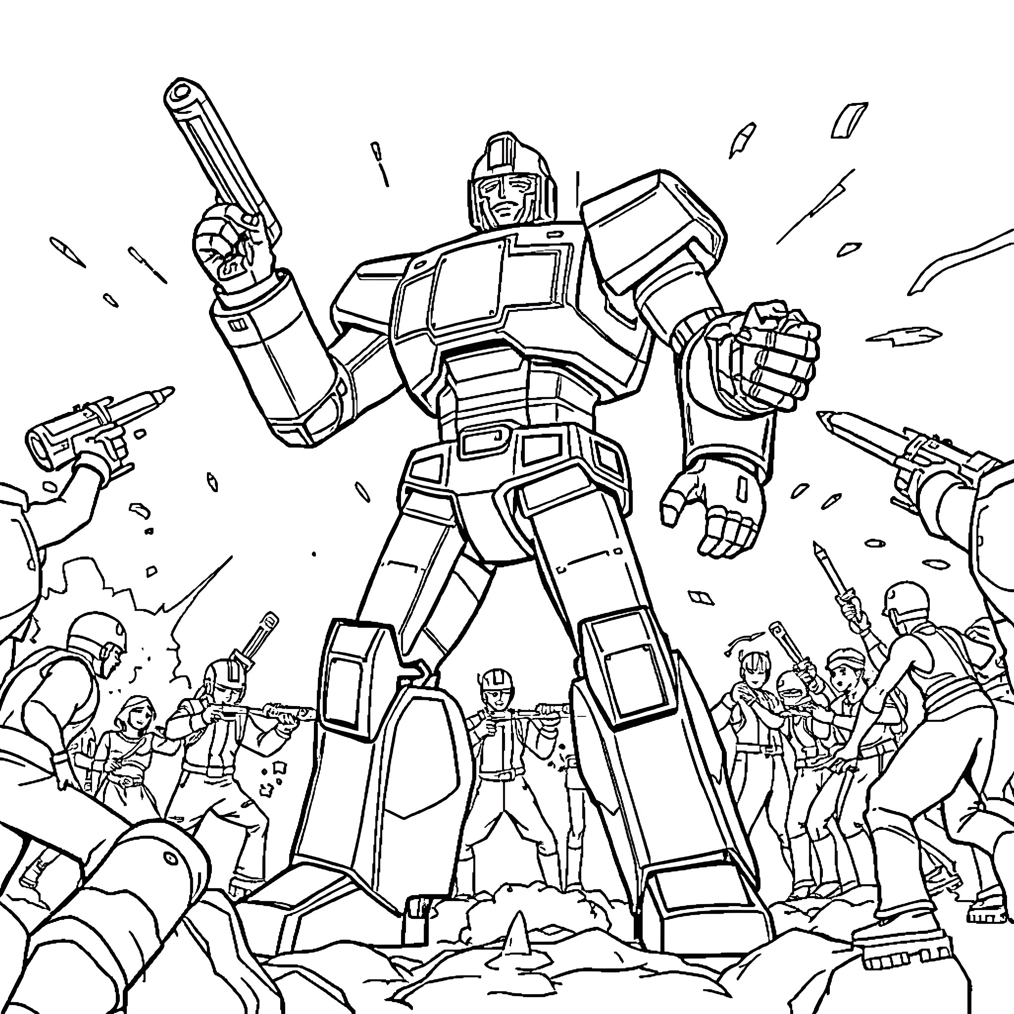 Robot hero fighting against enemies in battle Coloring Page (free black-and-white line drawing printable PDF for all, from beginners to advanced learners, including children, teens, adults, and seniors)