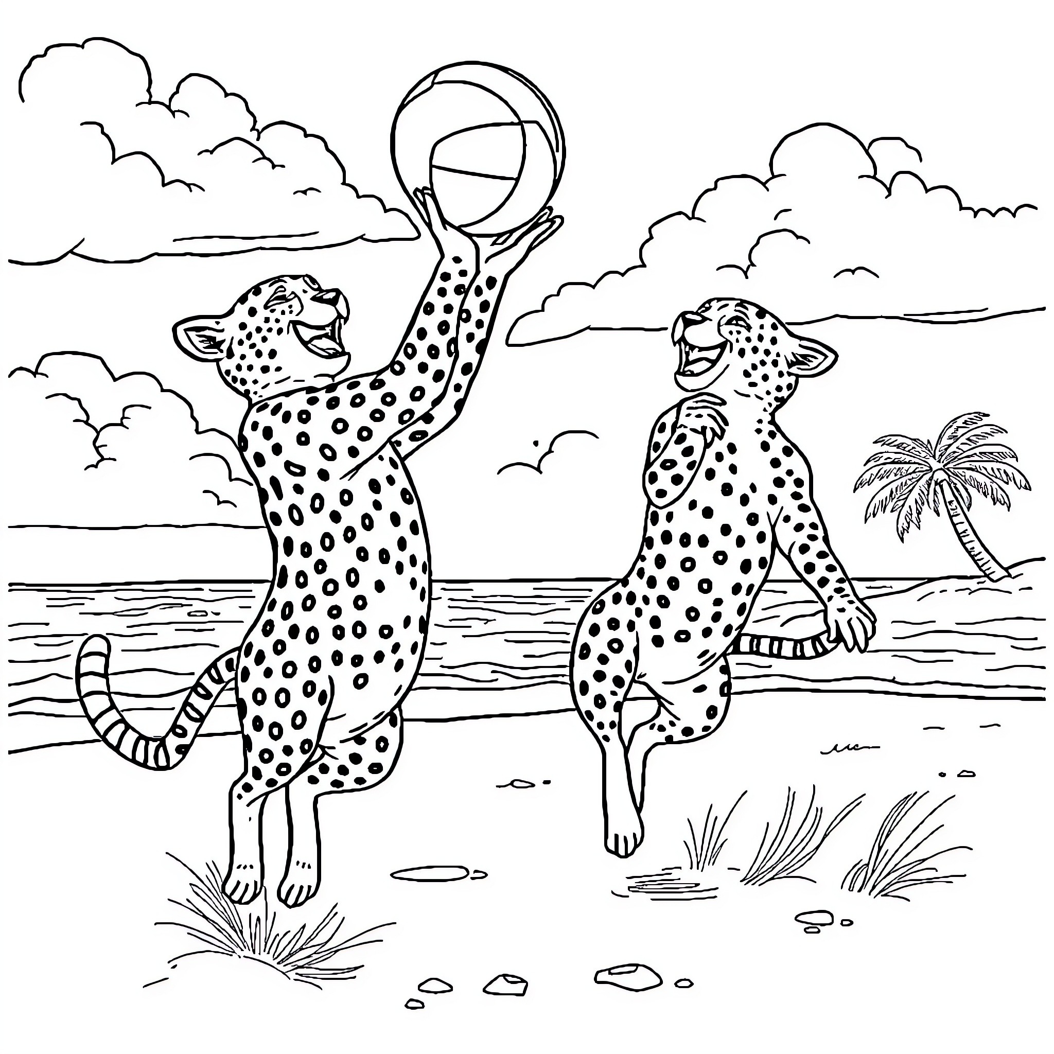 Cheetahs playing playfully in the wild Coloring Page (free black-and-white line drawing printable PDF for all, from beginners to advanced learners, including children, teens, adults, and seniors)
