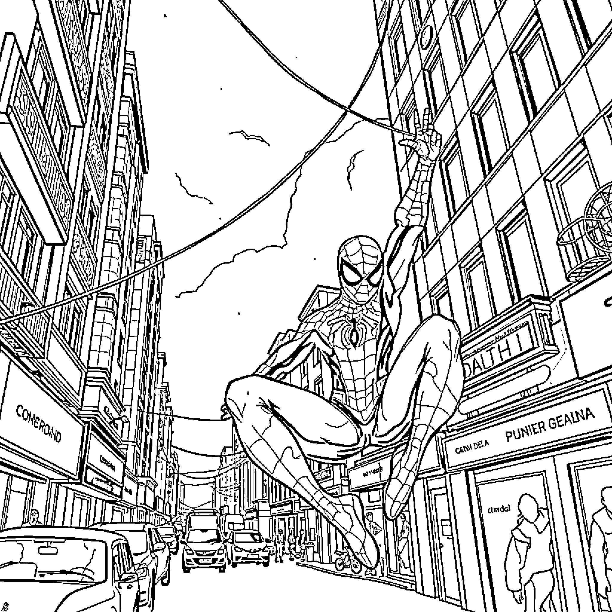 Spiderman swinging through the city streets Coloring Page (free black-and-white line drawing printable PDF for all, from beginners to advanced learners, including children, teens, adults, and seniors)