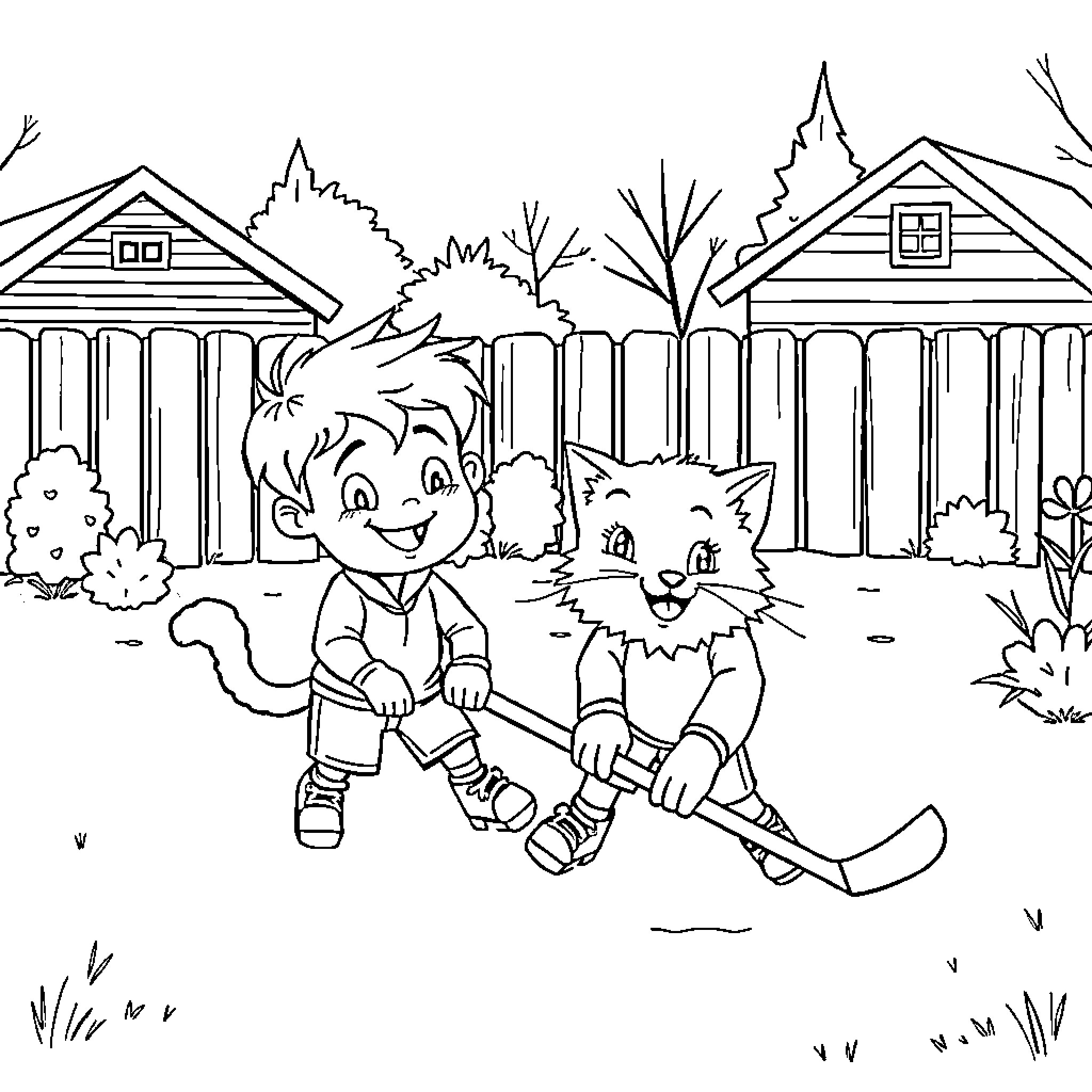 Boy playing with pet cat in suburban neighborhood Coloring Page (free black-and-white line drawing printable PDF for all, from beginners to advanced learners, including children, teens, adults, and seniors)