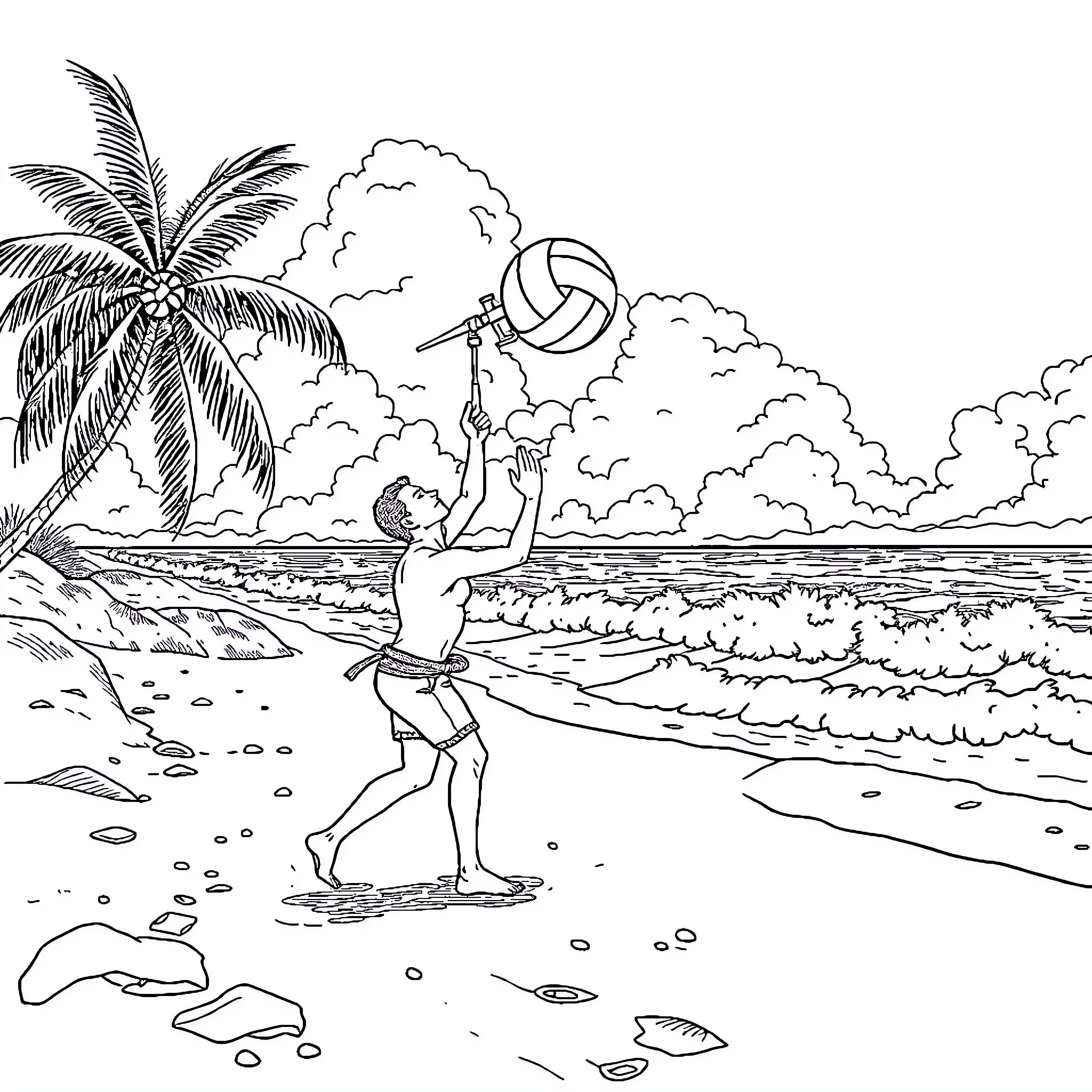Nautical Beachside Volleyball Game Coloring Page (free black-and-white line drawing printable PDF for all, from beginners to advanced learners, including children, teens, adults, and seniors)