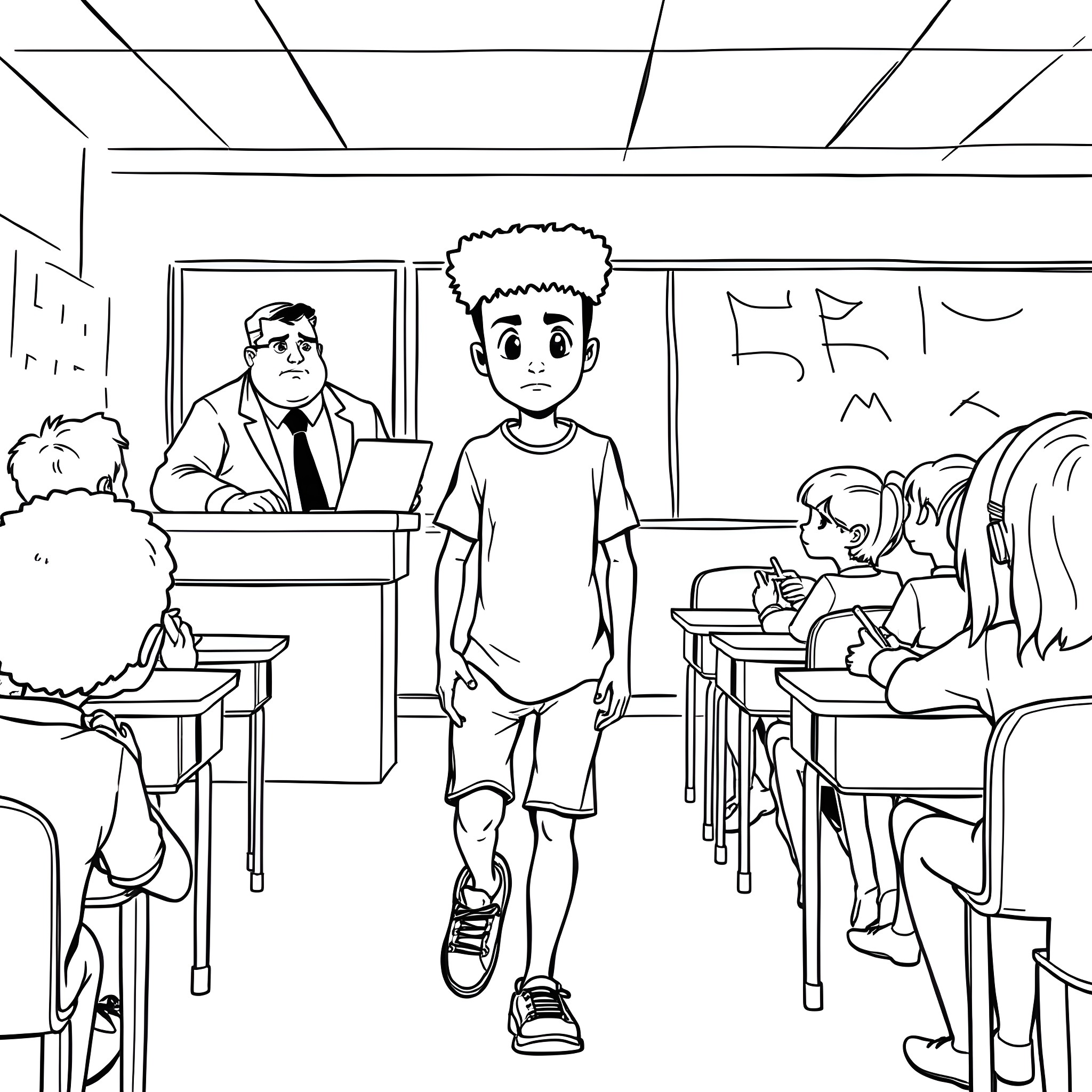 Boy walking in classroom with teacher and students Coloring Page (free black-and-white line drawing printable PDF for all, from beginners to advanced learners, including children, teens, adults, and seniors)