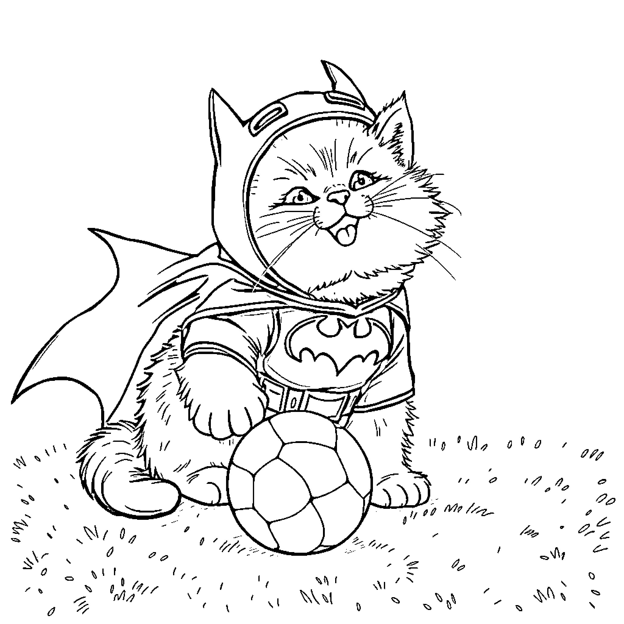 Cat in Superhero Outfit Playing with Soccer Ball Coloring Page (free black-and-white line drawing printable PDF for all, from beginners to advanced learners, including children, teens, adults, and seniors)