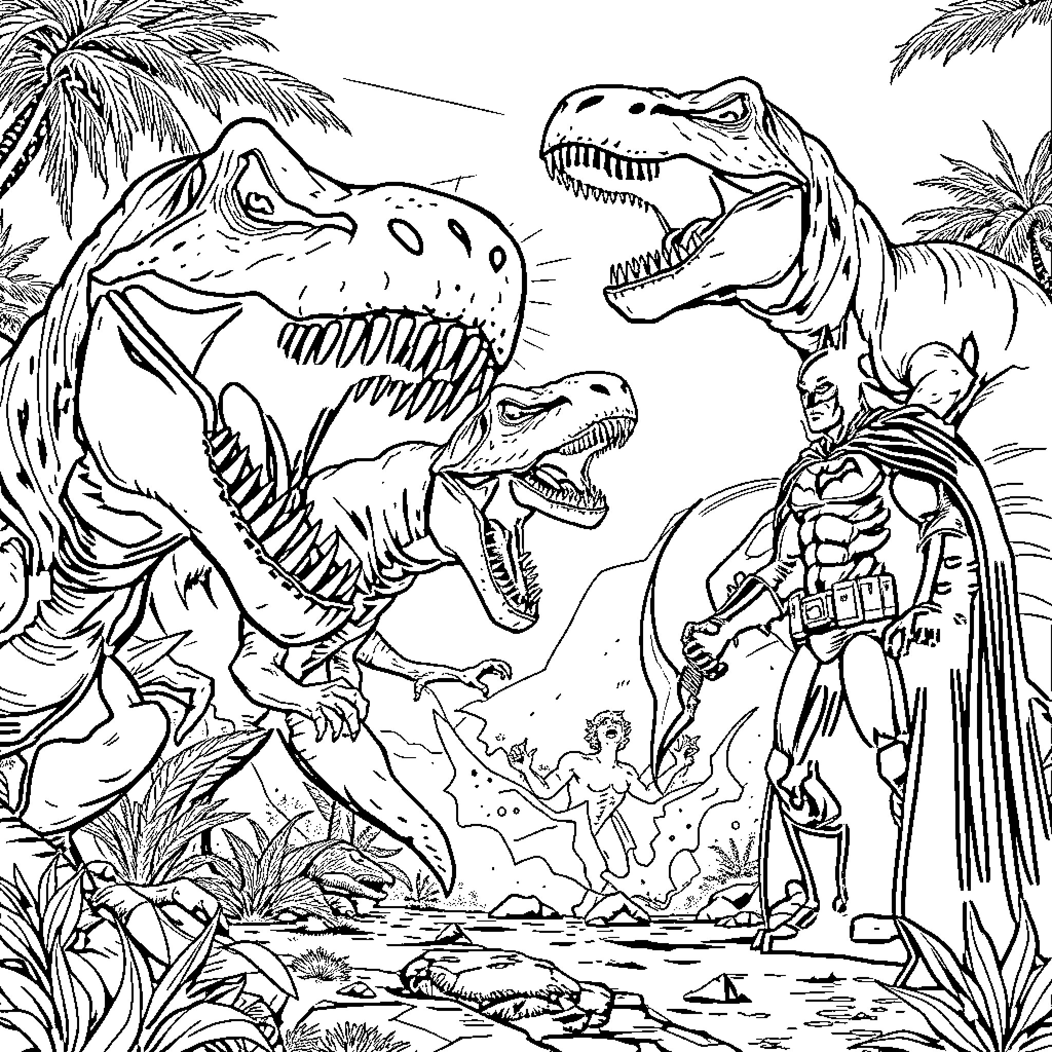 Dinosaur Encounter: Fierce Predators Roaming the Prehistoric Landscape Coloring Page (free black-and-white line drawing printable PDF for all, from beginners to advanced learners, including children, teens, adults, and seniors)