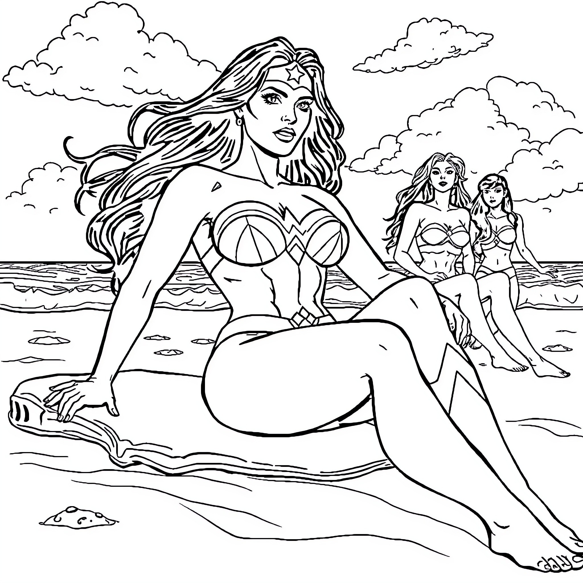 Superwoman poses confidently on the beach with others Coloring Page (free black-and-white line drawing printable PDF for all, from beginners to advanced learners, including children, teens, adults, and seniors)