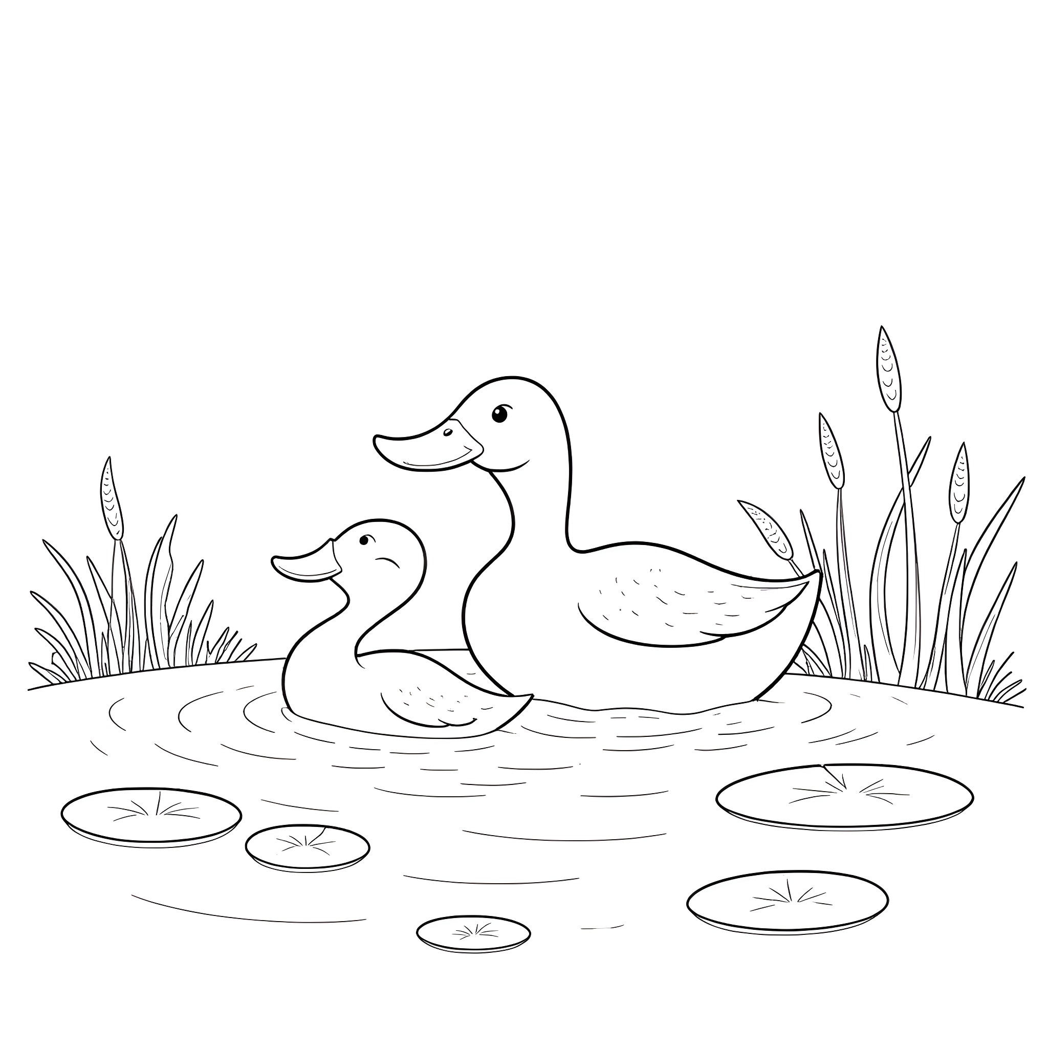 Duck and duckling swimming in the pond Coloring Page (free black-and-white line drawing printable PDF for all, from beginners to advanced learners, including children, teens, adults, and seniors)
