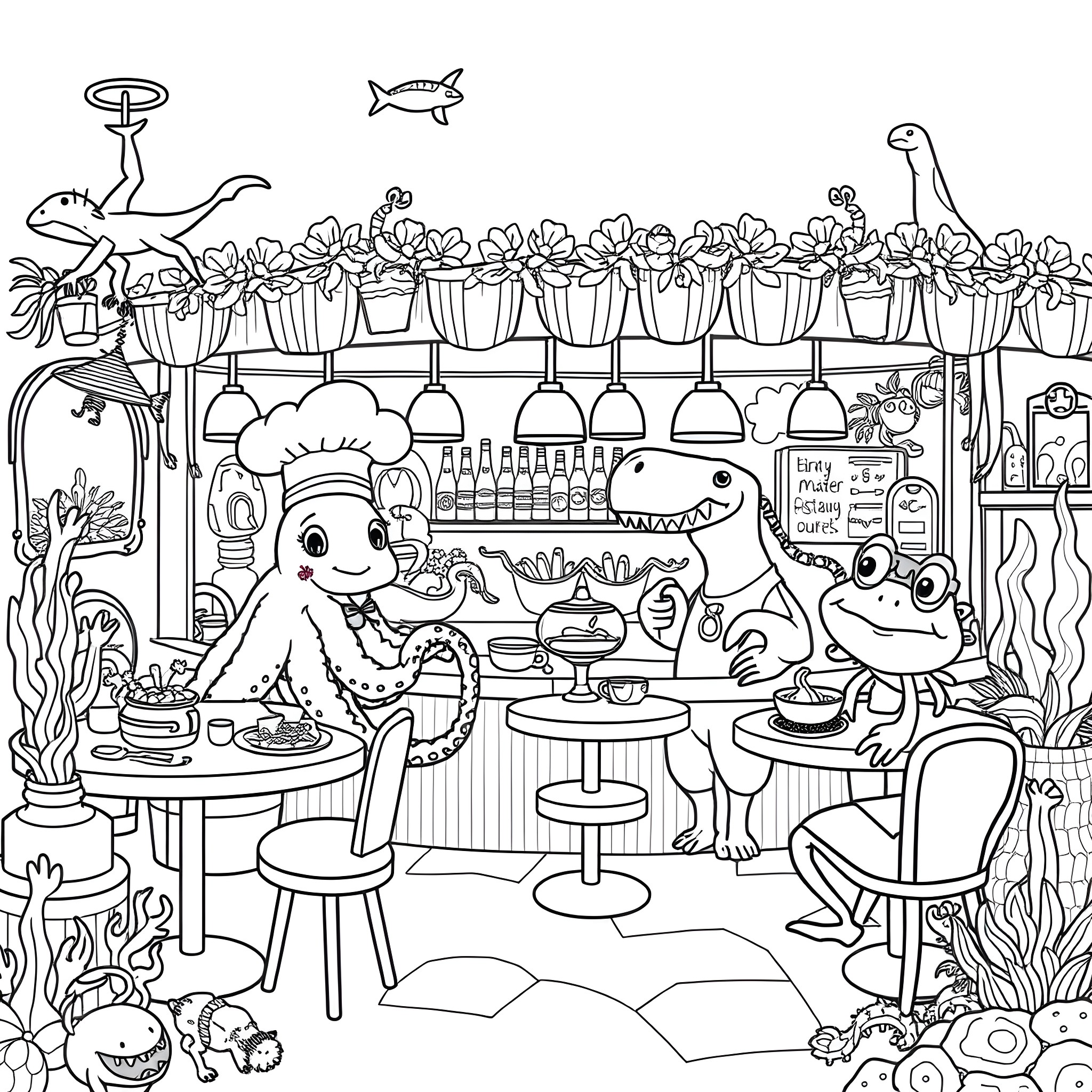 Sea Creature Dining in a Whimsical Underwater Cafe Coloring Page (free black-and-white line drawing printable PDF for all, from beginners to advanced learners, including children, teens, adults, and seniors)