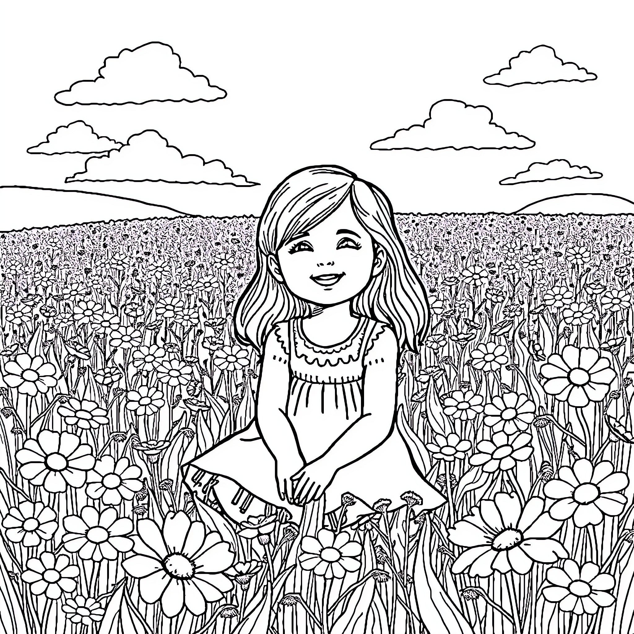 Girl sitting in a field of flowers Coloring Page (free black-and-white line drawing printable PDF for all, from beginners to advanced learners, including children, teens, adults, and seniors)