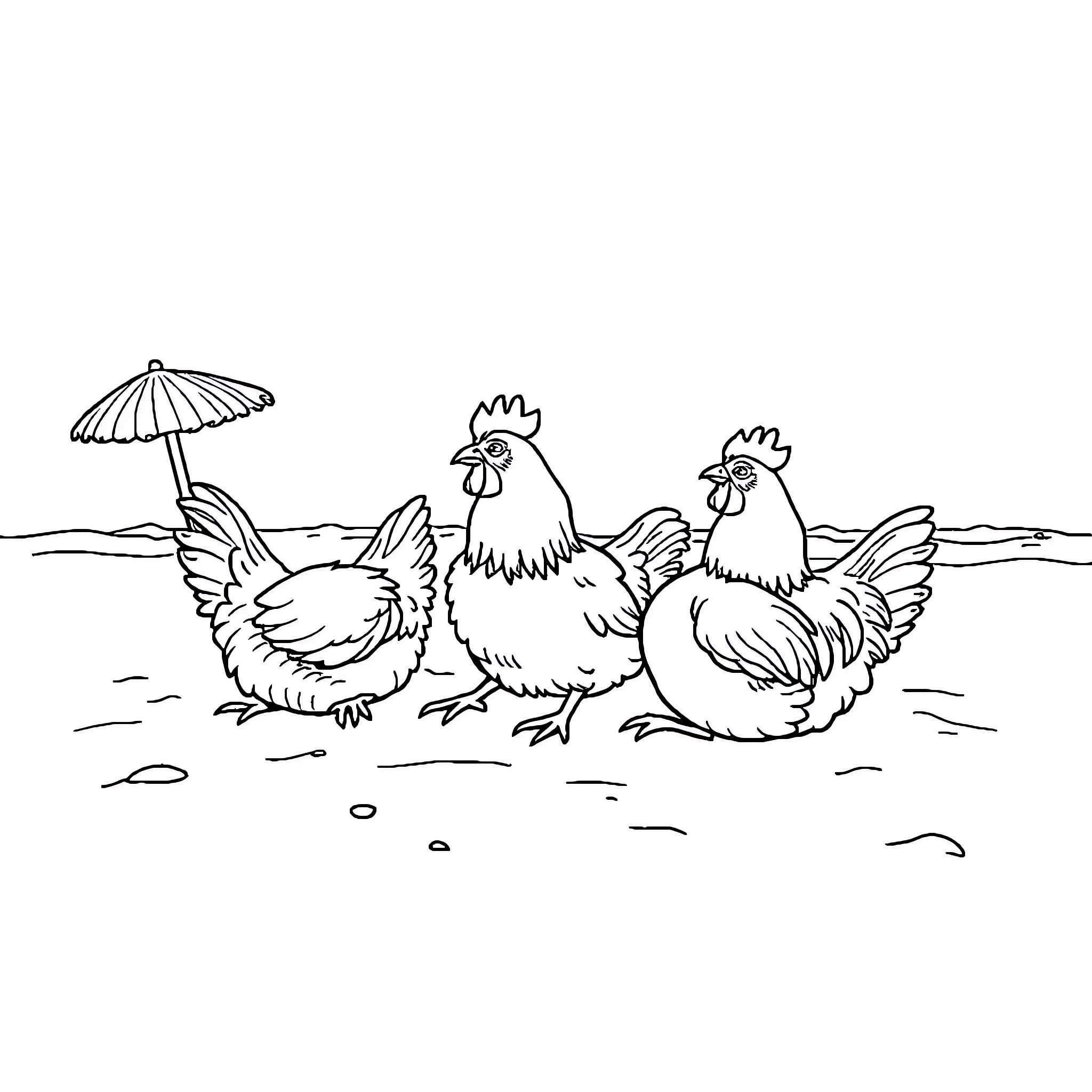 Chicken trio enjoying a sunny day under an umbrella Coloring Page (free black-and-white line drawing printable PDF for all, from beginners to advanced learners, including children, teens, adults, and seniors)