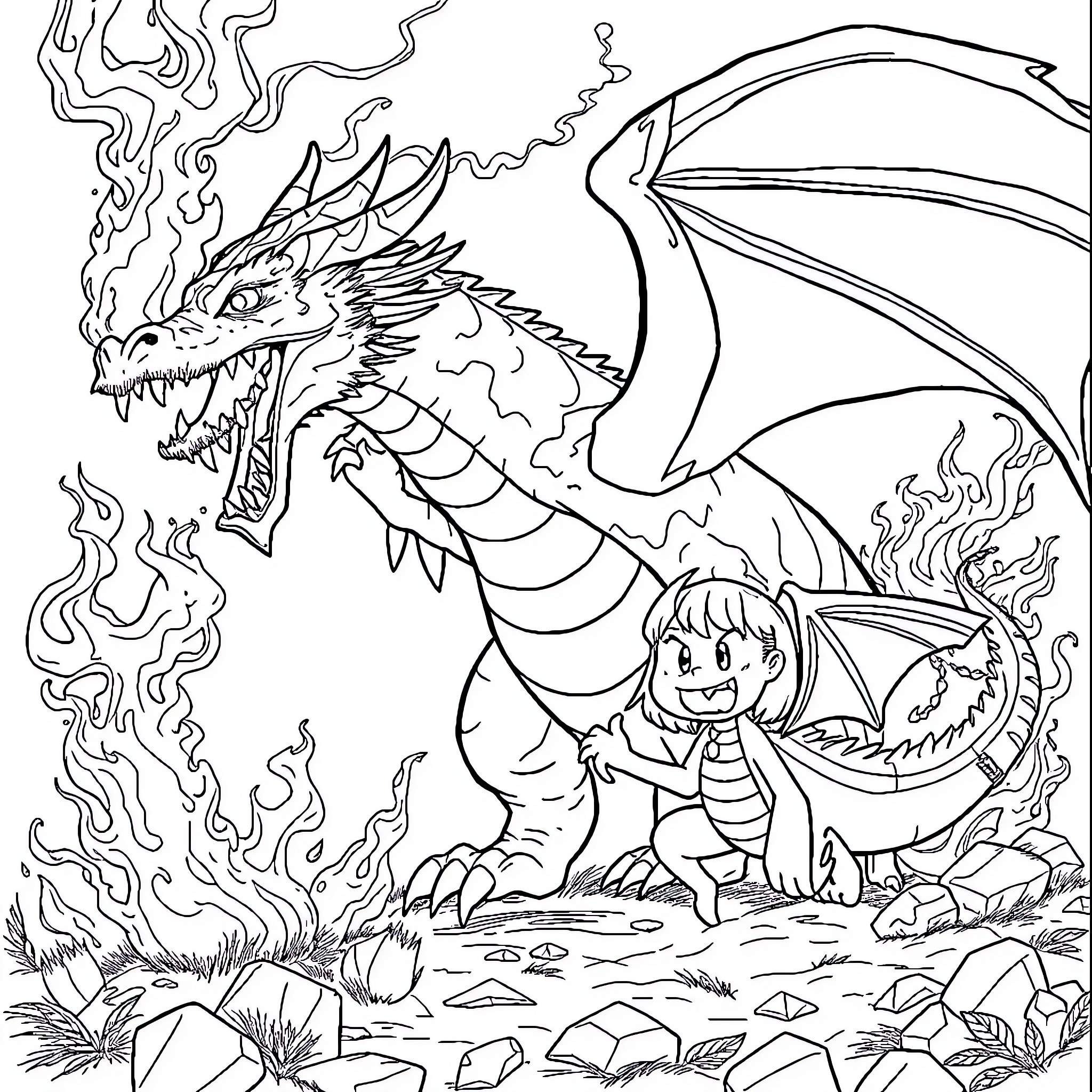Dragon's Fearsome Encounter with a Courageous Explorer Coloring Page (free black-and-white line drawing printable PDF for all, from beginners to advanced learners, including children, teens, adults, and seniors)