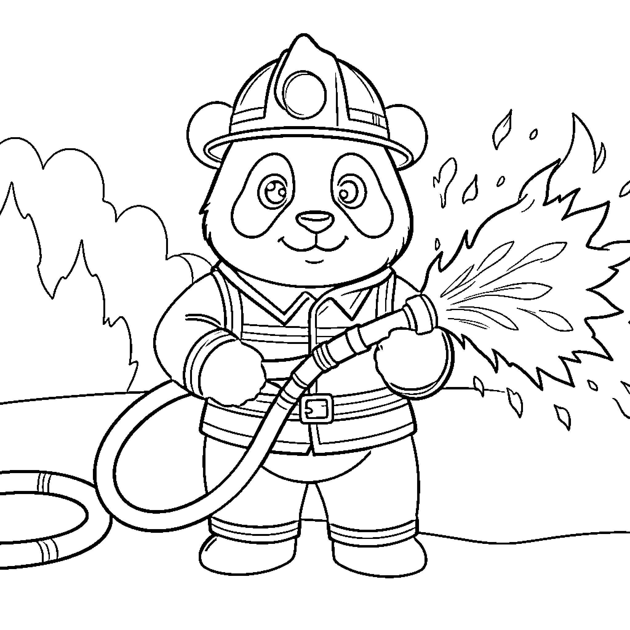 Panda firefighter battling a blaze Coloring Page (free black-and-white line drawing printable PDF for all, from beginners to advanced learners, including children, teens, adults, and seniors)