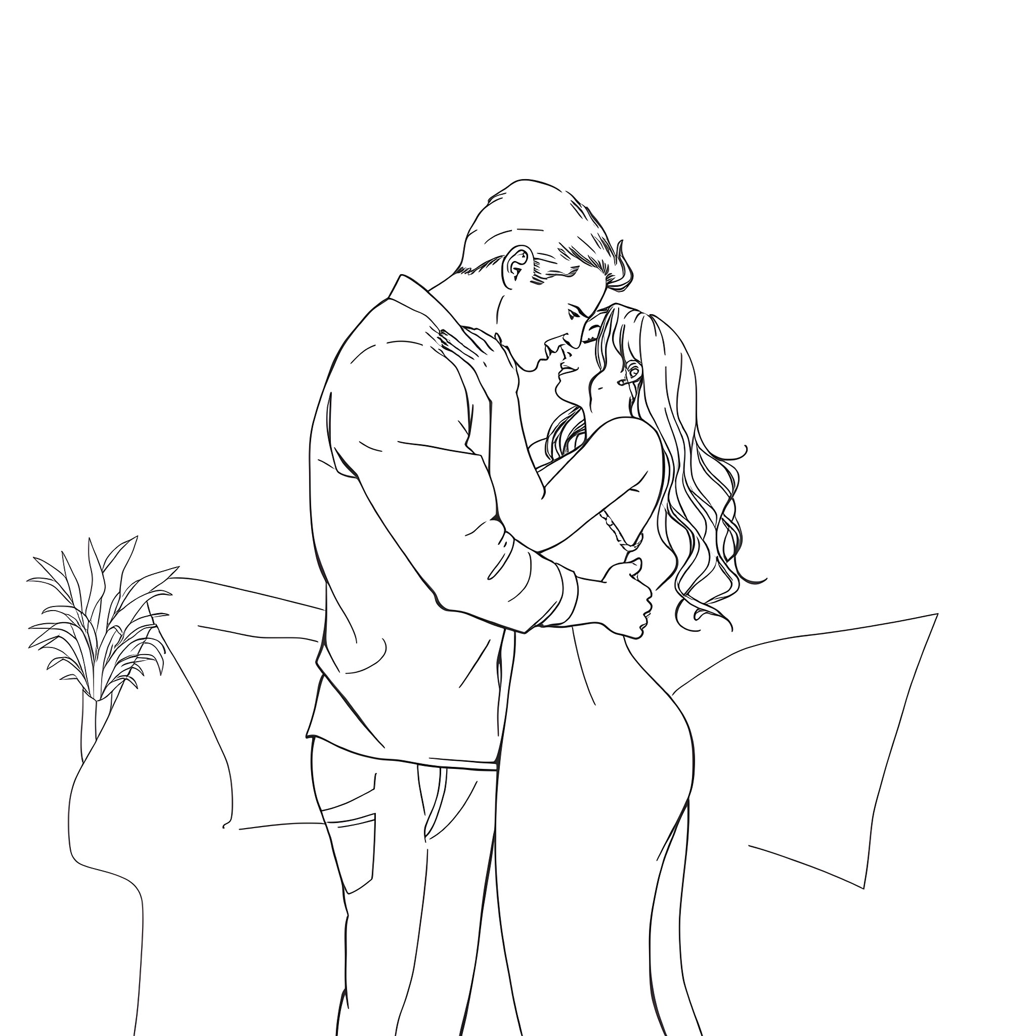 Cowgirl and Cowboy in Romantic Embrace Coloring Page (free black-and-white line drawing printable PDF for all, from beginners to advanced learners, including children, teens, adults, and seniors)