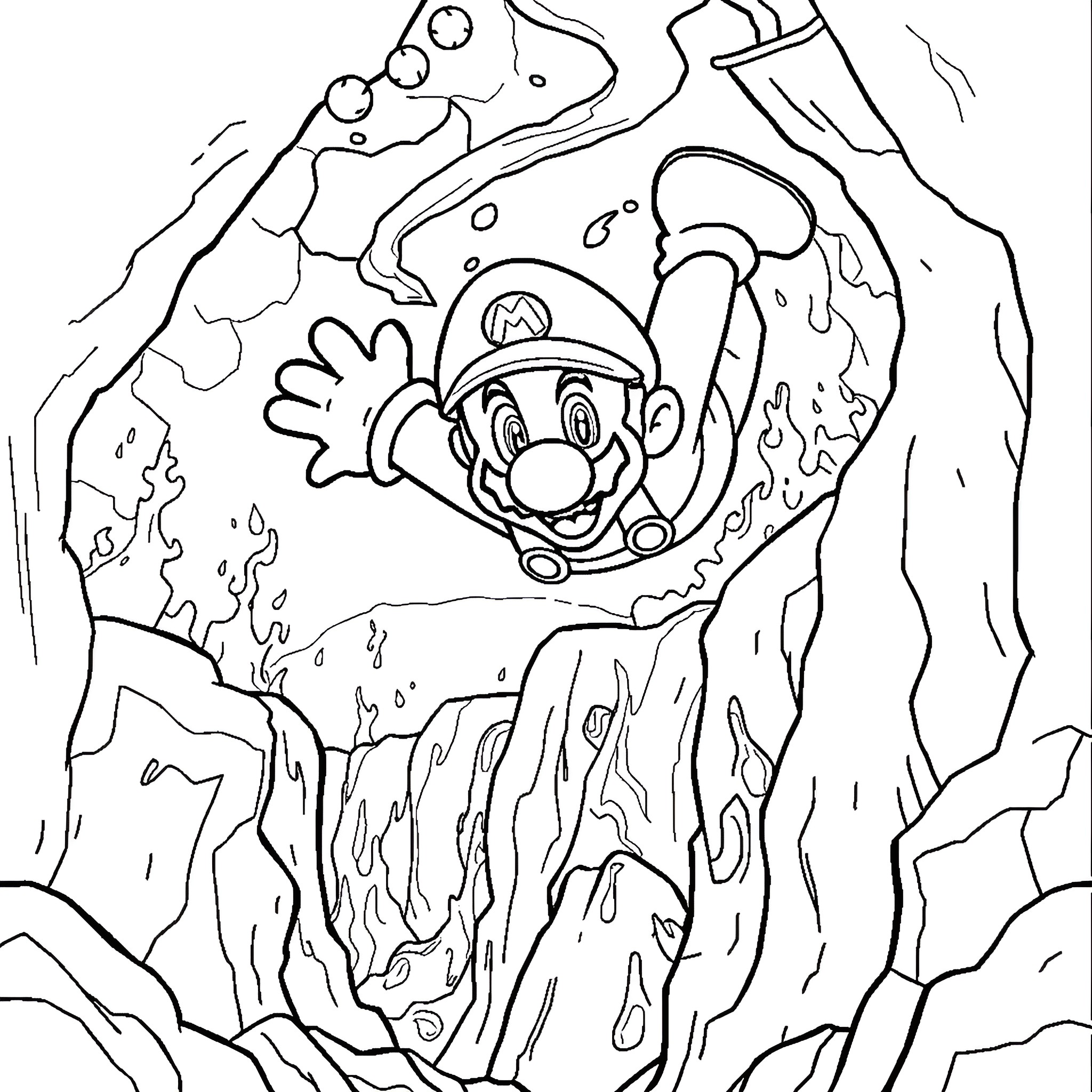 Mario Jumping in Challenging Cave Terrain Coloring Page (free black-and-white line drawing printable PDF for all, from beginners to advanced learners, including children, teens, adults, and seniors)