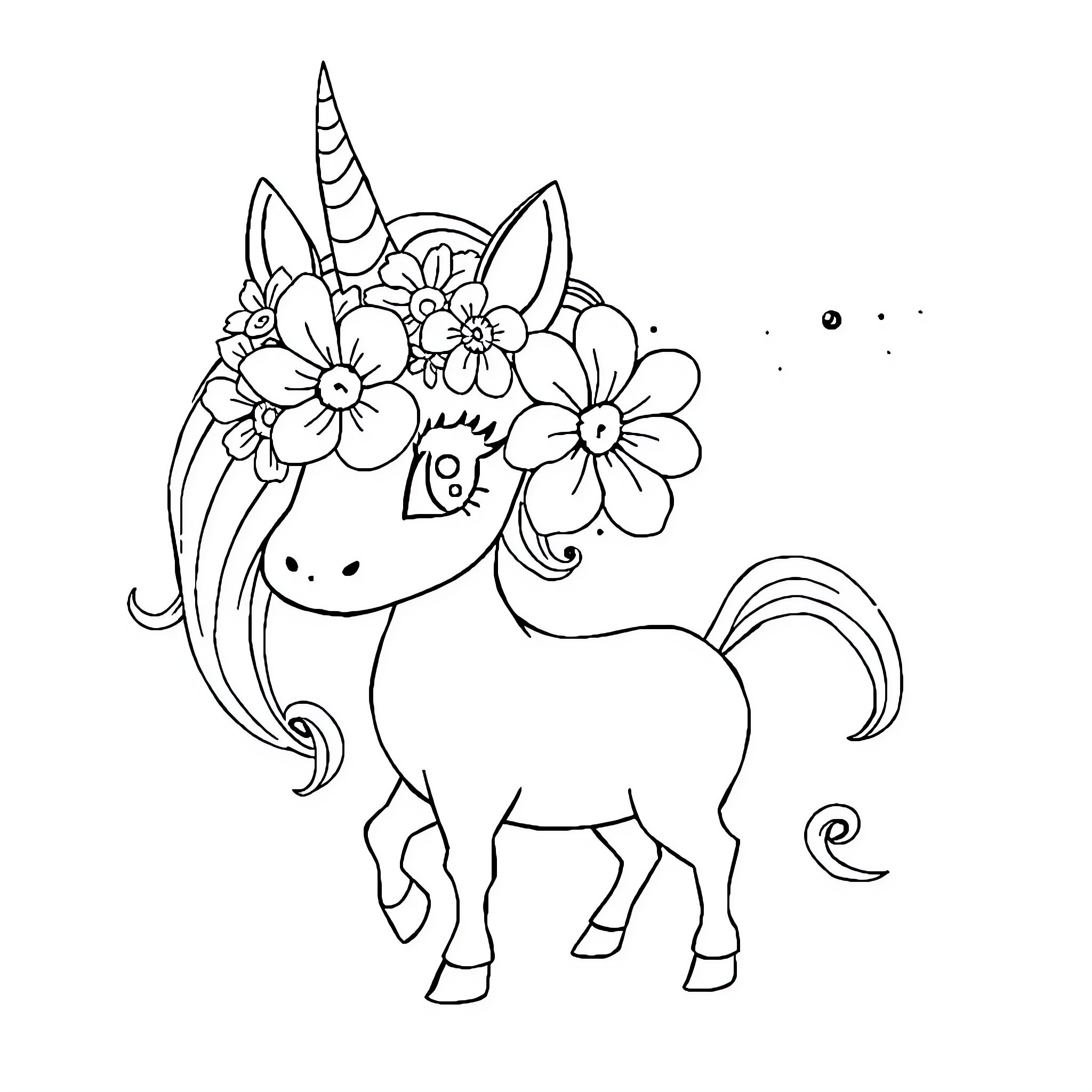 Einhorn playing with flowers in the meadow Coloring Page (free black-and-white line drawing printable PDF for all, from beginners to advanced learners, including children, teens, adults, and seniors)