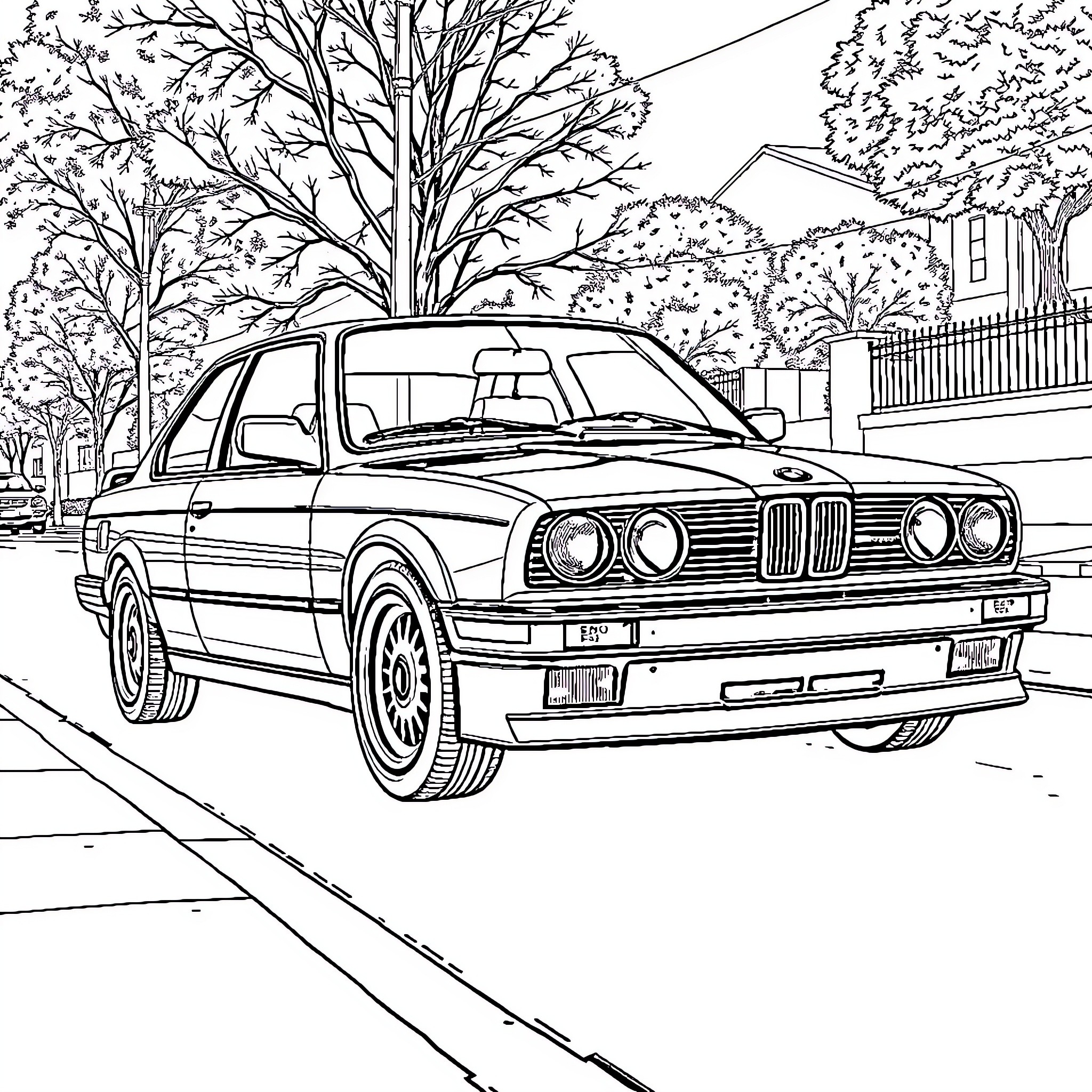 Bmw E30 parked on a street with trees Coloring Page (free black-and-white line drawing printable PDF for all, from beginners to advanced learners, including children, teens, adults, and seniors)
